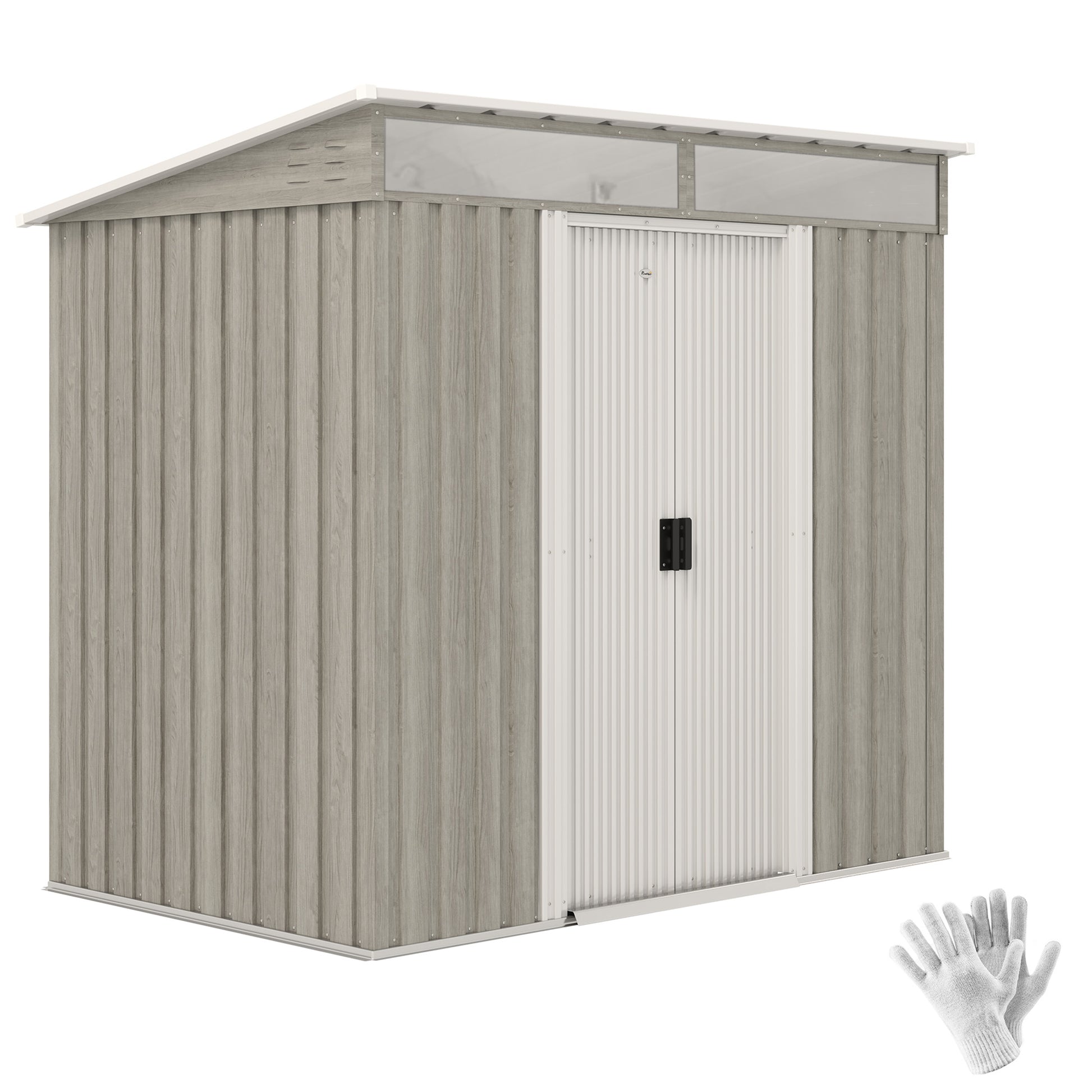 Outsunny 6.5 x 4FT Galvanised Metal Shed with Foundation Kit, Lockable Tool Garden Shed with Double Sliding Doors, Vents, Light Grey Wood Effect