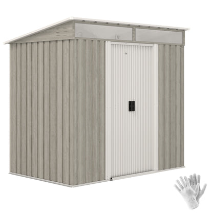 Outsunny 6.5 x 4FT Galvanised Metal Shed with Foundation Kit, Lockable Tool Garden Shed with Double Sliding Doors, Vents, Light Grey Wood Effect