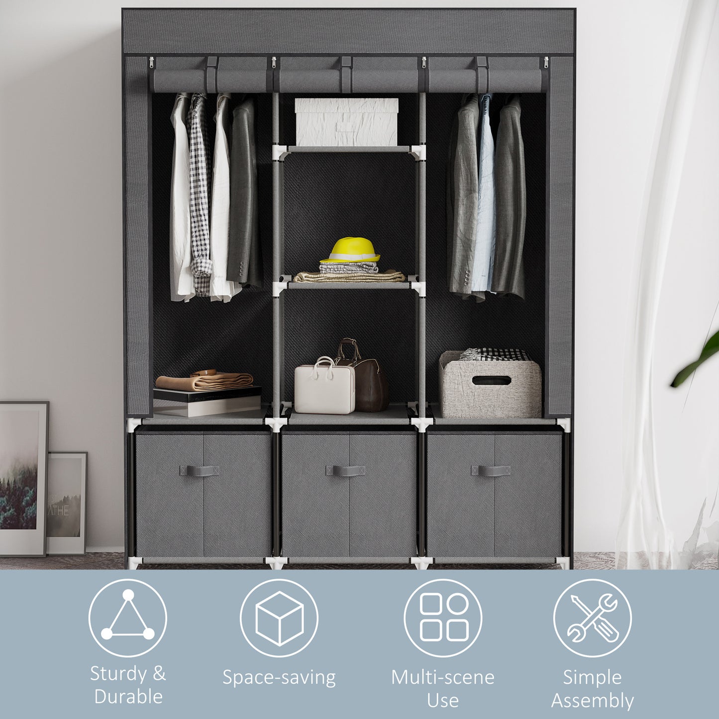HOMCOM Fabric Wardrobe, Portable Wardrobe with 5 Shelves, 2 Hanging Rails and 3 Fabric Drawers, Foldable Closets, 125 x 43 x 162.5cm, Dark Grey