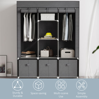 HOMCOM Fabric Wardrobe, Portable Wardrobe with 5 Shelves, 2 Hanging Rails and 3 Fabric Drawers, Foldable Closets, 125 x 43 x 162.5cm, Dark Grey