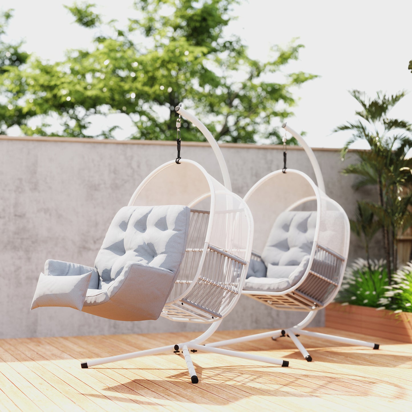 Outsunny Hanging Egg Chair Outdoor Indoor, Swing Hammock Chair with Stand, Cushions, Lumbar Pillow, Adjustable Height and Steel Frame for Garden Patio Lounge Porch, Light Grey