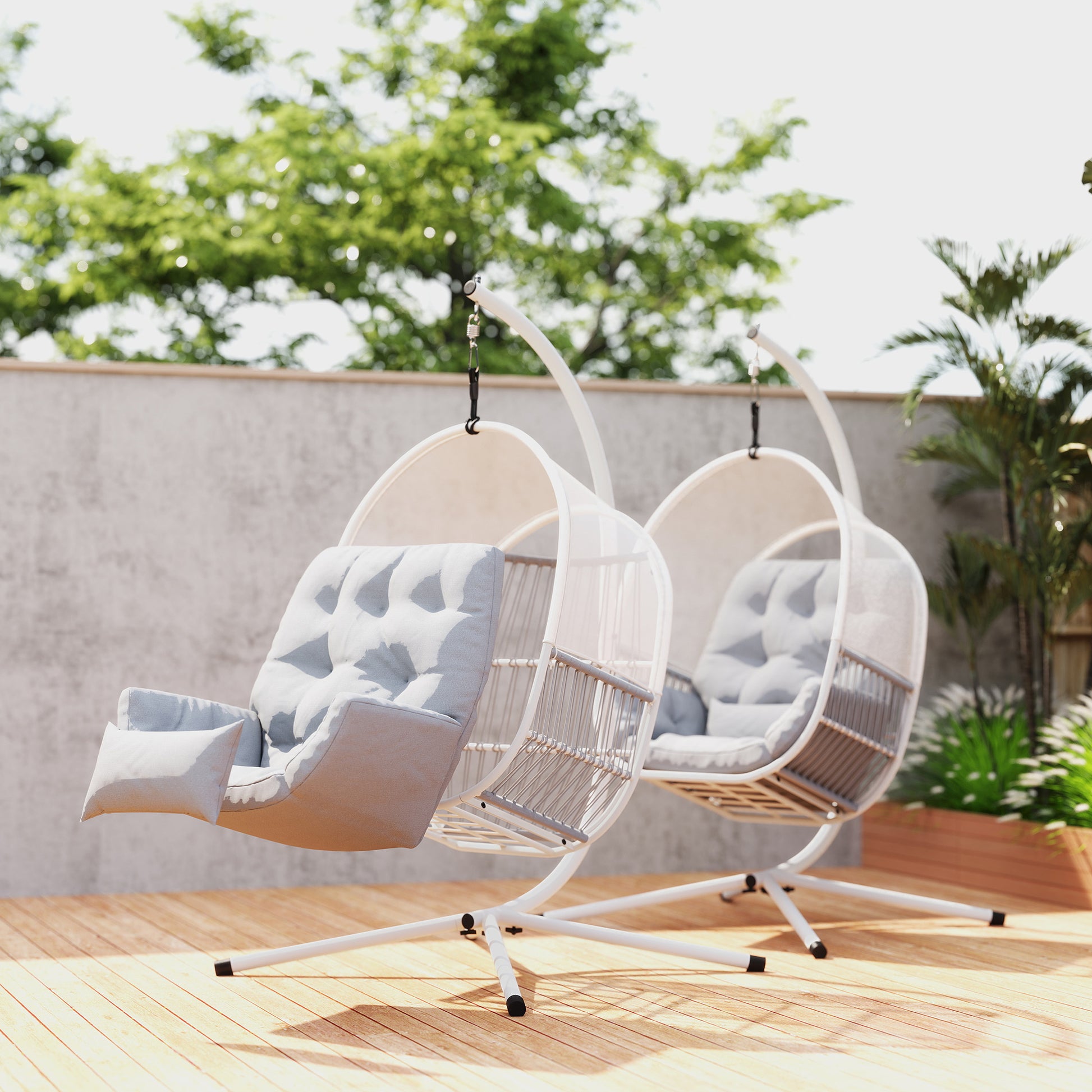 Outsunny Hanging Egg Chair Outdoor Indoor, Swing Hammock Chair with Stand, Cushions, Lumbar Pillow, Adjustable Height and Steel Frame for Garden Patio Lounge Porch, Light Grey