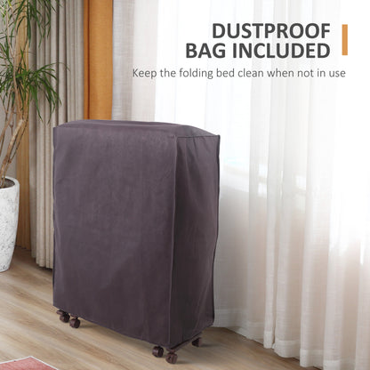 HOMCOM Folding Bed with 8cm Mattress, Portable Foldable Guest Bed with Adjustable Backrest, Metal Frame on Wheels, Brown