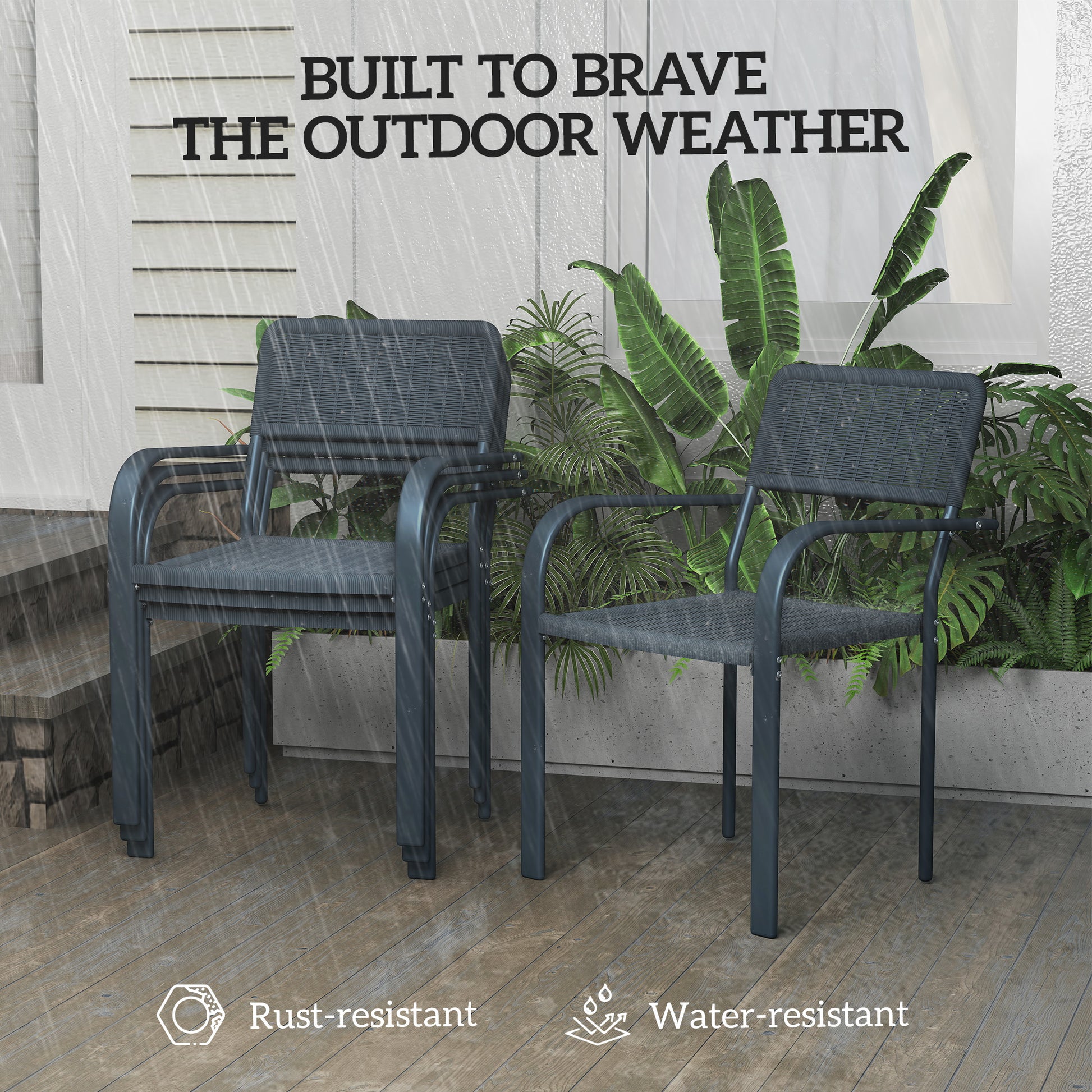 Outsunny Garden Chairs Set of 4, Stackable Rattan Effect Dining Chairs with Armrest, Weather Resistant and Lightweight Outdoor Furniture Armchairs for Patio, Balcony, Terrace, Dark Grey
