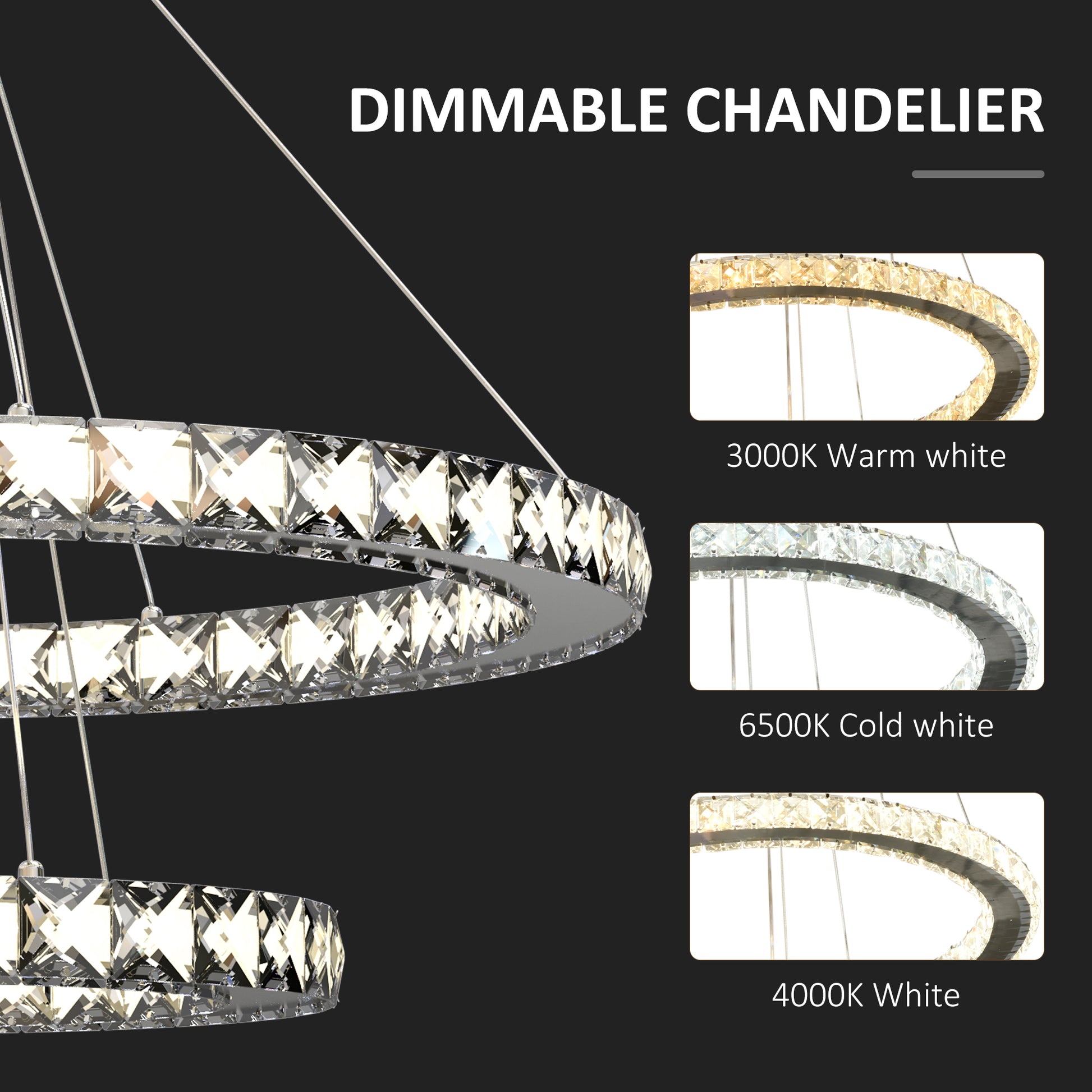 HOMCOM Modern LED Chandelier with 2 Crystal Rings, Dimmable Pendent Ceiling Light Cool Warm White with Adjustable Cable Remote Controller, Silver