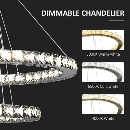 HOMCOM Modern LED Chandelier with 2 Crystal Rings, Dimmable Pendent Ceiling Light Cool Warm White with Adjustable Cable Remote Controller, Silver
