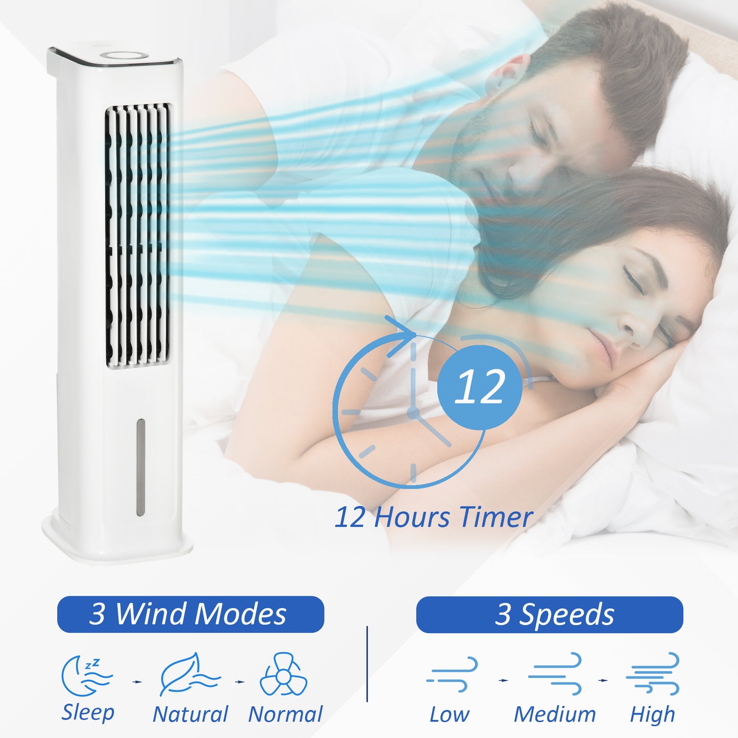 HOMCOM Evaporative Air Cooler, Oscillating Ice Cooling Fan with 3 Modes, 3 Speeds, Remote Control, Timer, and Oscillation, White
