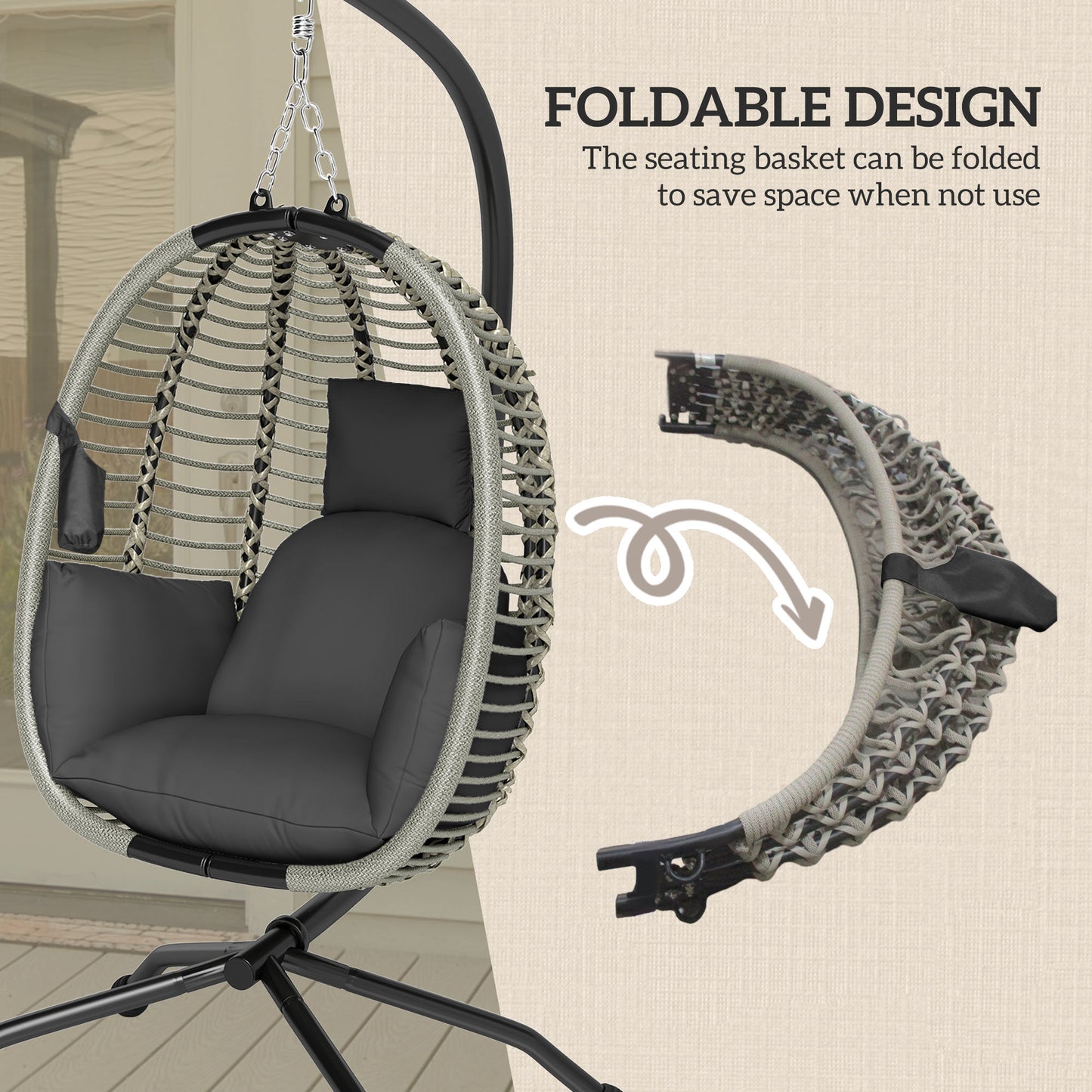 Outsunny Outdoor Swing Chair with Thick Padded Cushion, Patio Hanging Egg Chair with Metal Stand, Foldable Basket, Cup Holder, Rope Structure for Indoor & Outdoor, Dark Grey