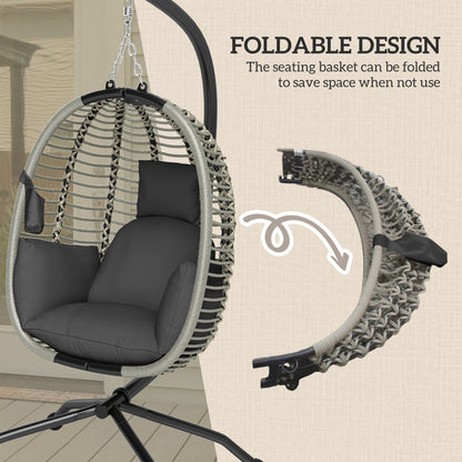 Outsunny Outdoor Swing Chair with Thick Padded Cushion, Patio Hanging Egg Chair with Metal Stand, Foldable Basket, Cup Holder, Rope Structure for Indoor & Outdoor, Dark Grey