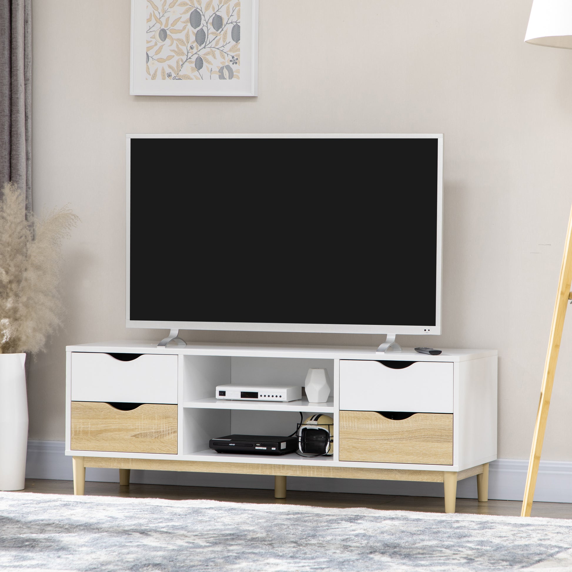 HOMCOM Modern TV Stand Unit for TVs up to 55" with Storage Shelves and Drawers, 120cmx40cmx44.5cm, White and Natural