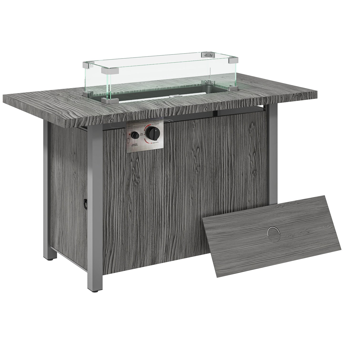 Outsunny 50,000 BTU Gas Fire Pit Table with Cover and Glass Screen - Dark Grey