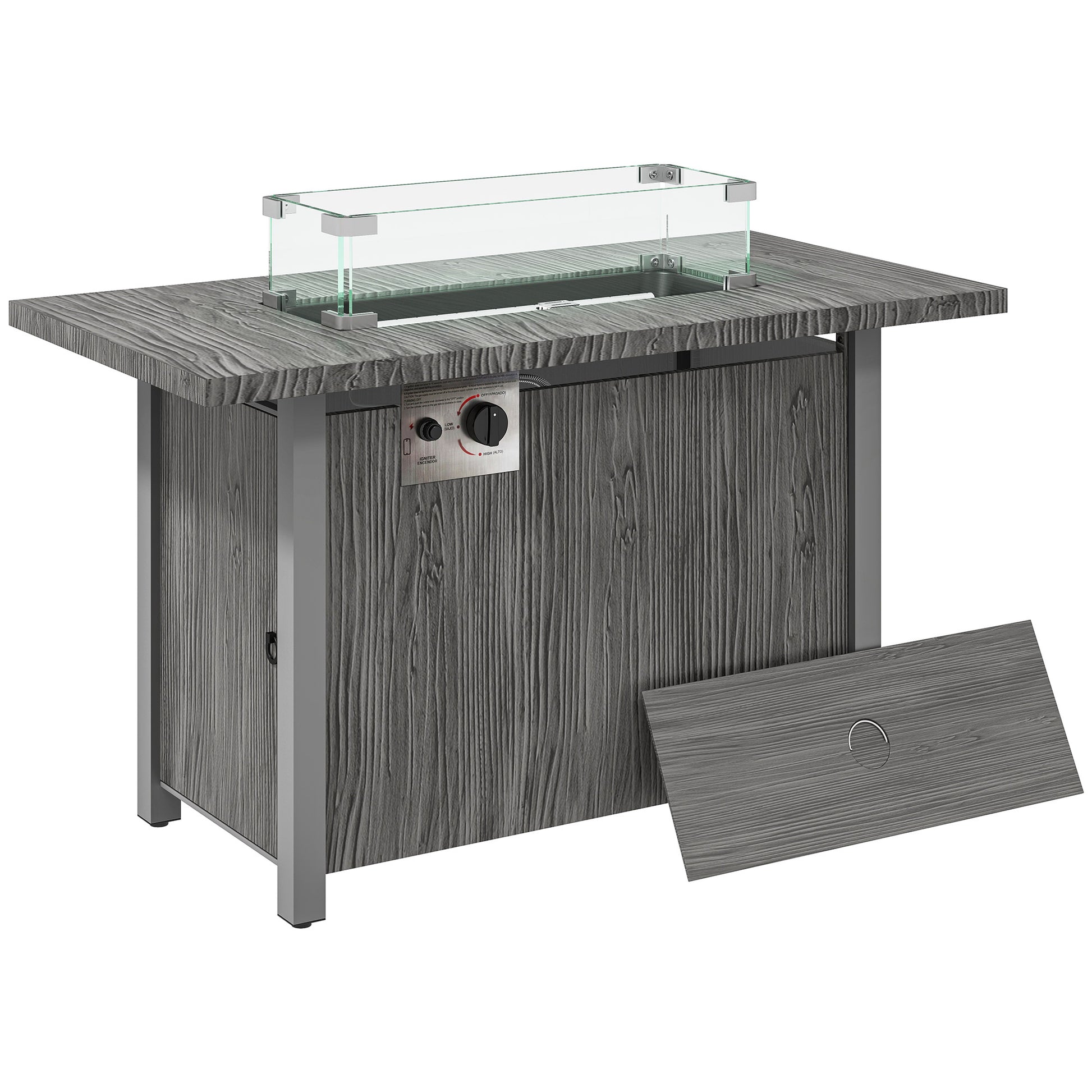 Outsunny 50,000 BTU Gas Fire Pit Table with Cover and Glass Screen - Dark Grey