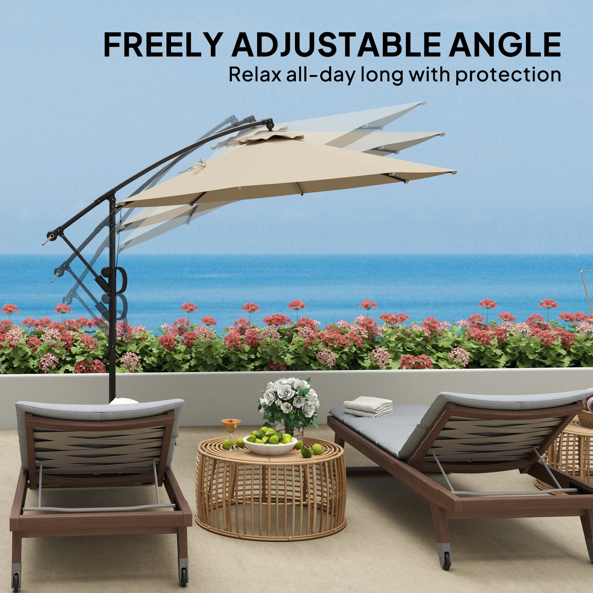 Outsunny 3(m) Garden Cantilever Parasol with Cover and Wind Protection Strap, Round Overhanging Umbrella with Crank Handle and Tilt, Banana Patio Umbrella for Outdoor Sun Shade, UPF50+, Khaki