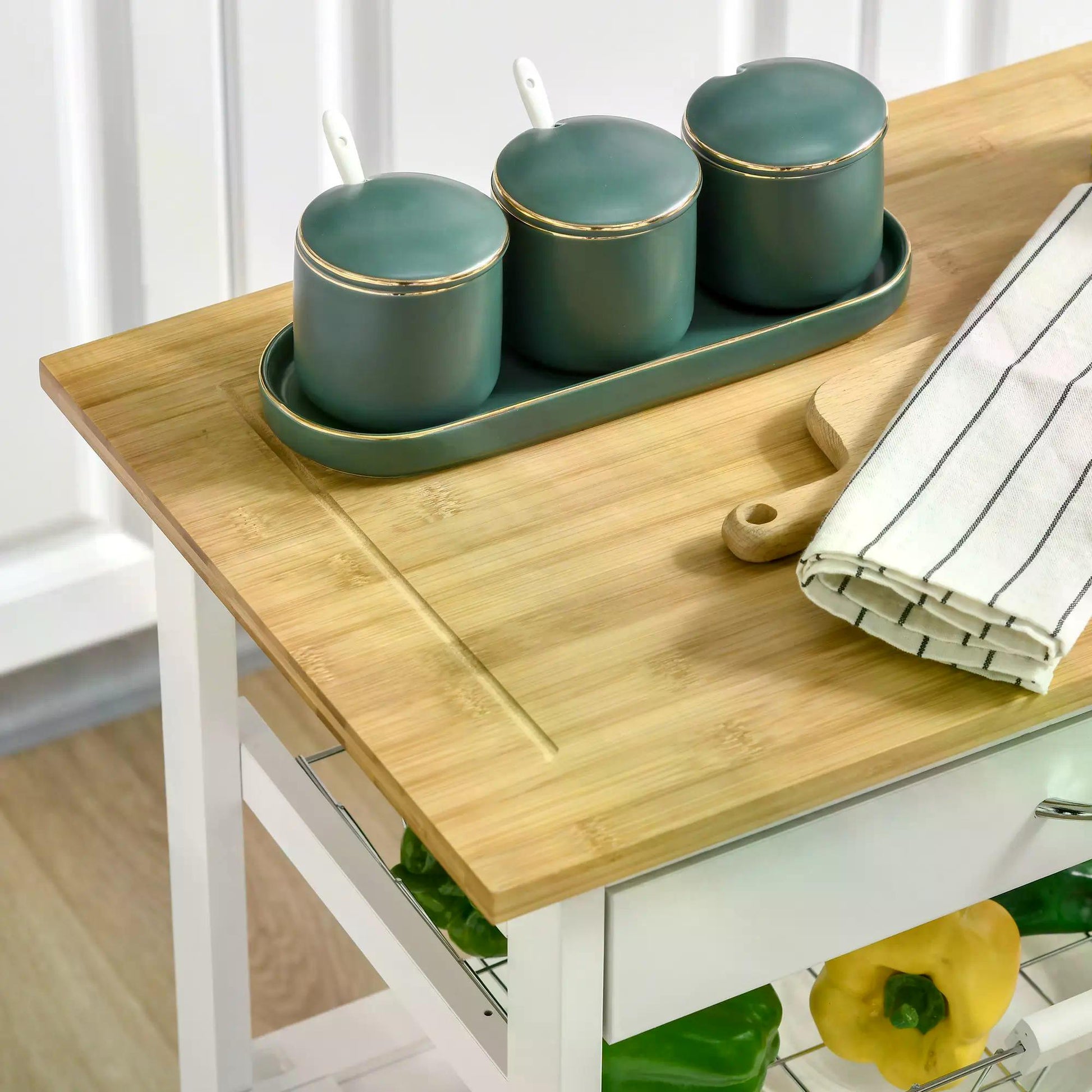 HOMCOM Rolling Kitchen Island Trolley Utility Cart on Wheels with Bamboo Table Top, Storage Cabinet, Drawer and Wire Basket - White