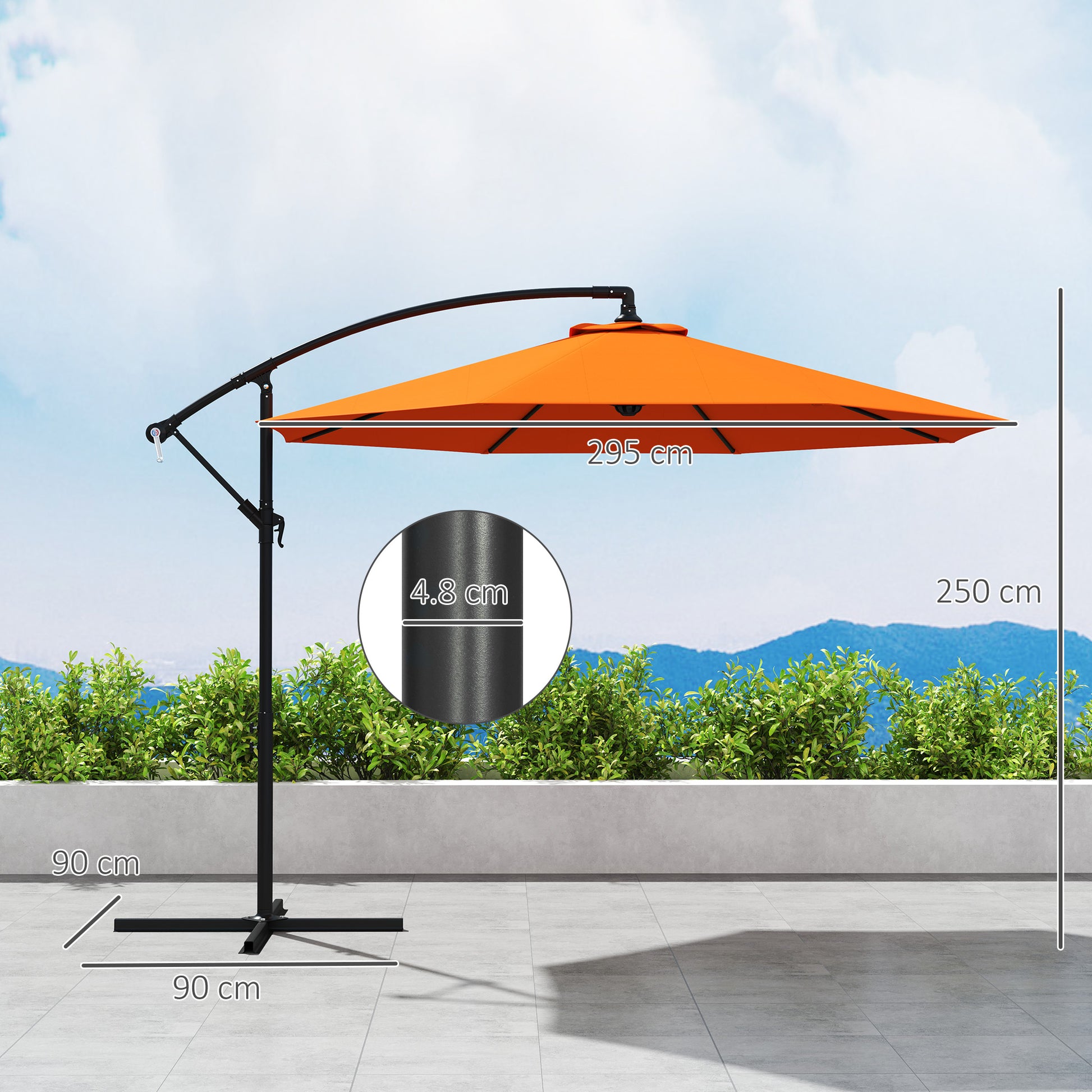 Outsunny 3(m) Overhanging Parasol, with Base - Orange