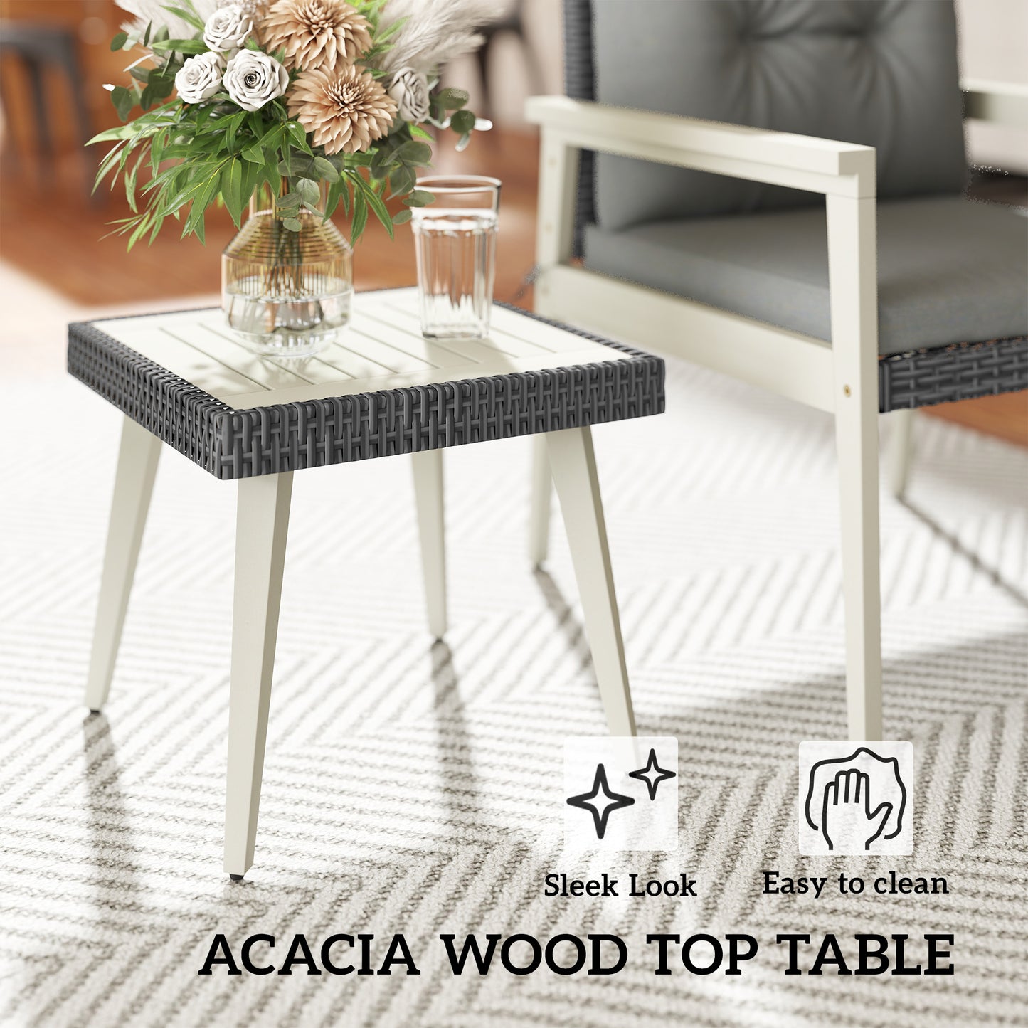 Outsunny 5 Pieces Rattan Garden Furniture Set, Patio Conversation Set with Cushions, Acacia Wood Top Coffee Table and Footstools, Outdoor Table and Chairs for Balcony, Terrace and Conservatory, Grey