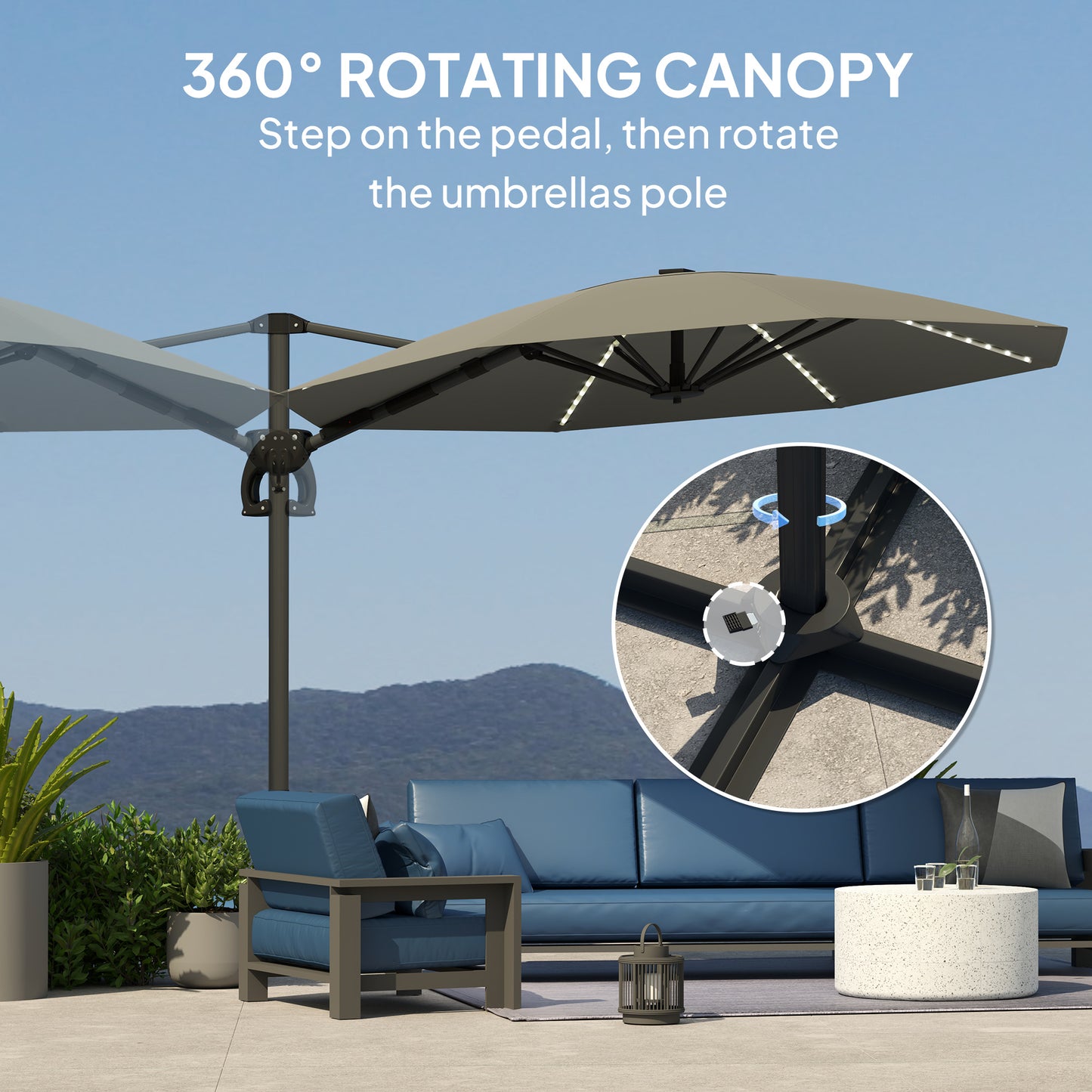 Outsunny 3(m) Cantilever Garden Parasol with Solar Powered Lights, Crank Handle & Cross Base, UPF 50+, 360° Rotation, Dark Grey