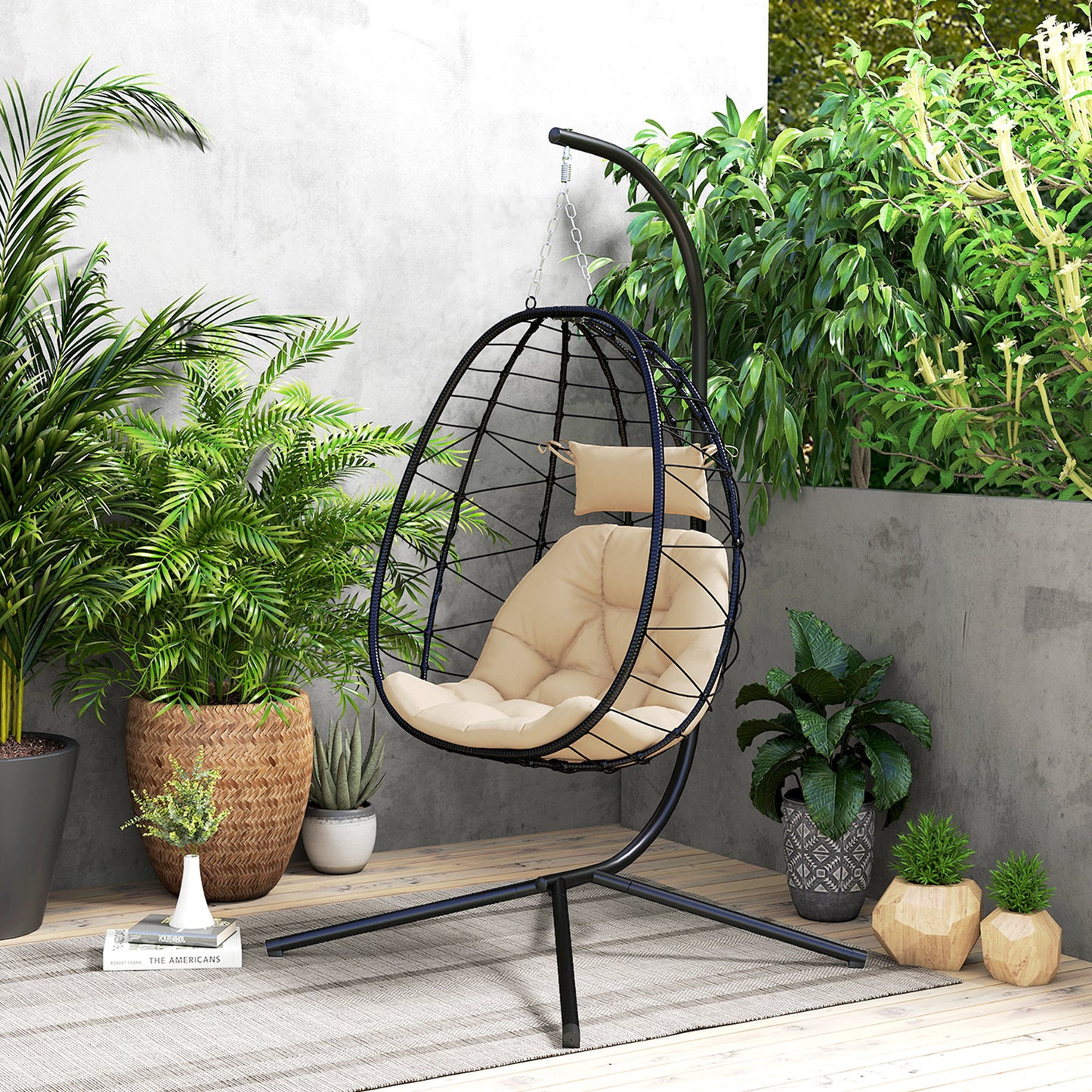 Outsunny Hanging Egg Chair Outdoor Indoor Garden Swing Chair with Folding Basket, Thickened Cushion, Garden Hanging Chair with Stand, Headrest for Patio, Balcony, Khaki