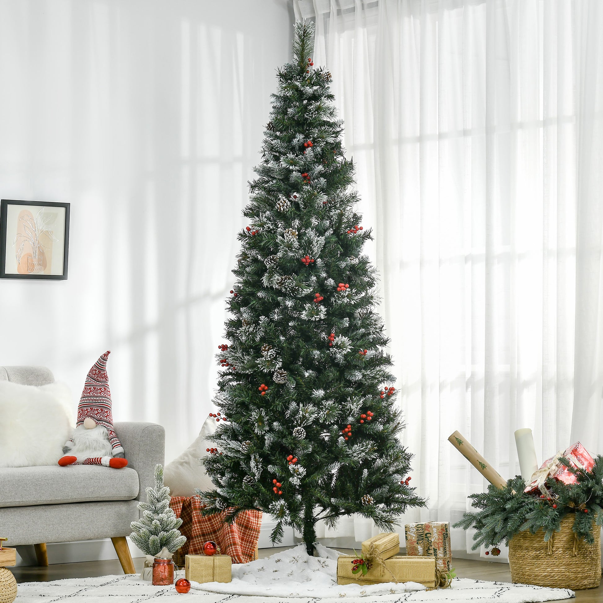 HOMCOM 7 Foot Snow Dipped Artificial Christmas Tree Slim Pencil Xmas Tree with 738 Realistic Branches, Pine Cones, Red Berries, Auto Open, Green
