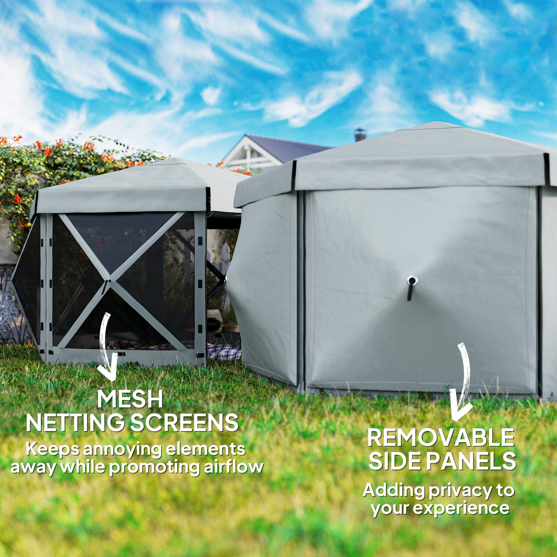 Outsunny 3 x 3(m) Hexagon Pop Up Gazebo with 5 Sides and Carry Bag, Waterproof, UV Resistant Party Tent Instant Event Shelter with Netting for Garden, Patio, Light Grey