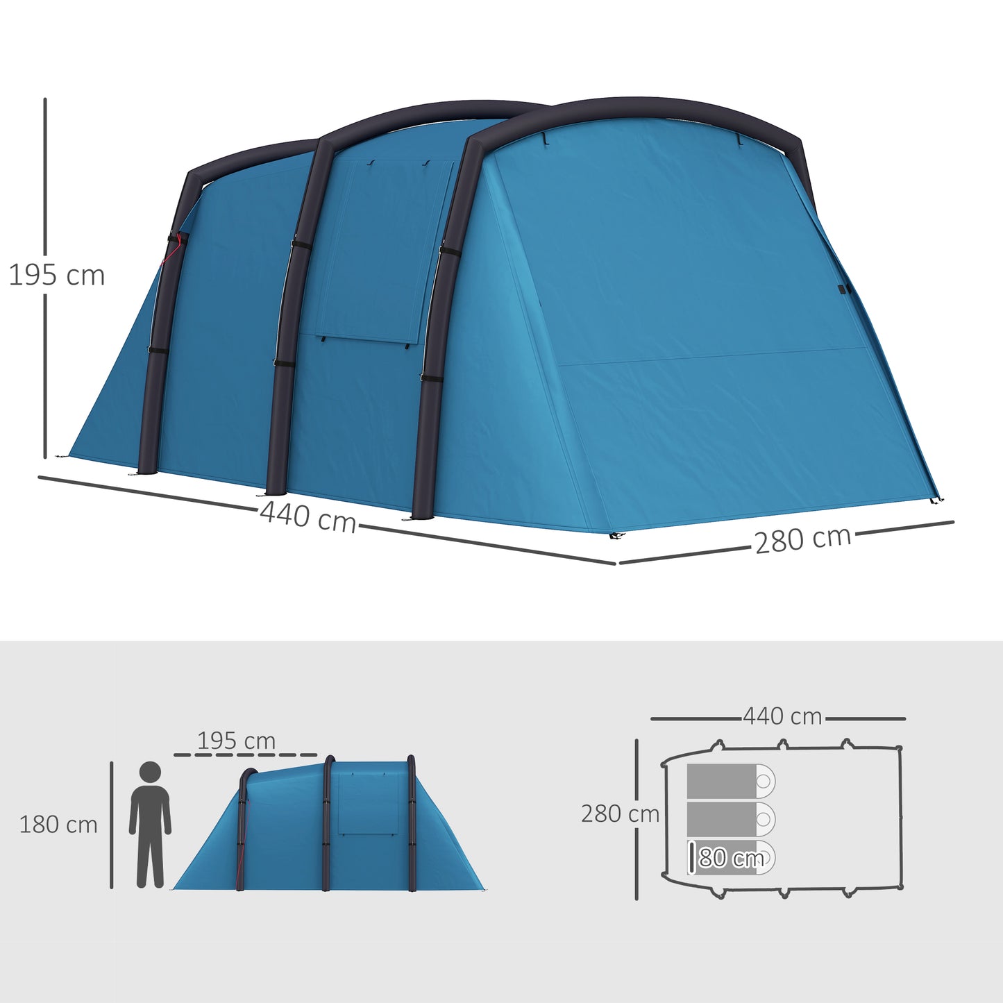 Outsunny Inflatable 3-4 Man Tunnel Tent w/ Air Pump, Living Area & Vestibule, Waterproof Family Camping Air Tent w/ Sewn In Groundsheet & Removable Footprint for Camping, Hiking, Blue