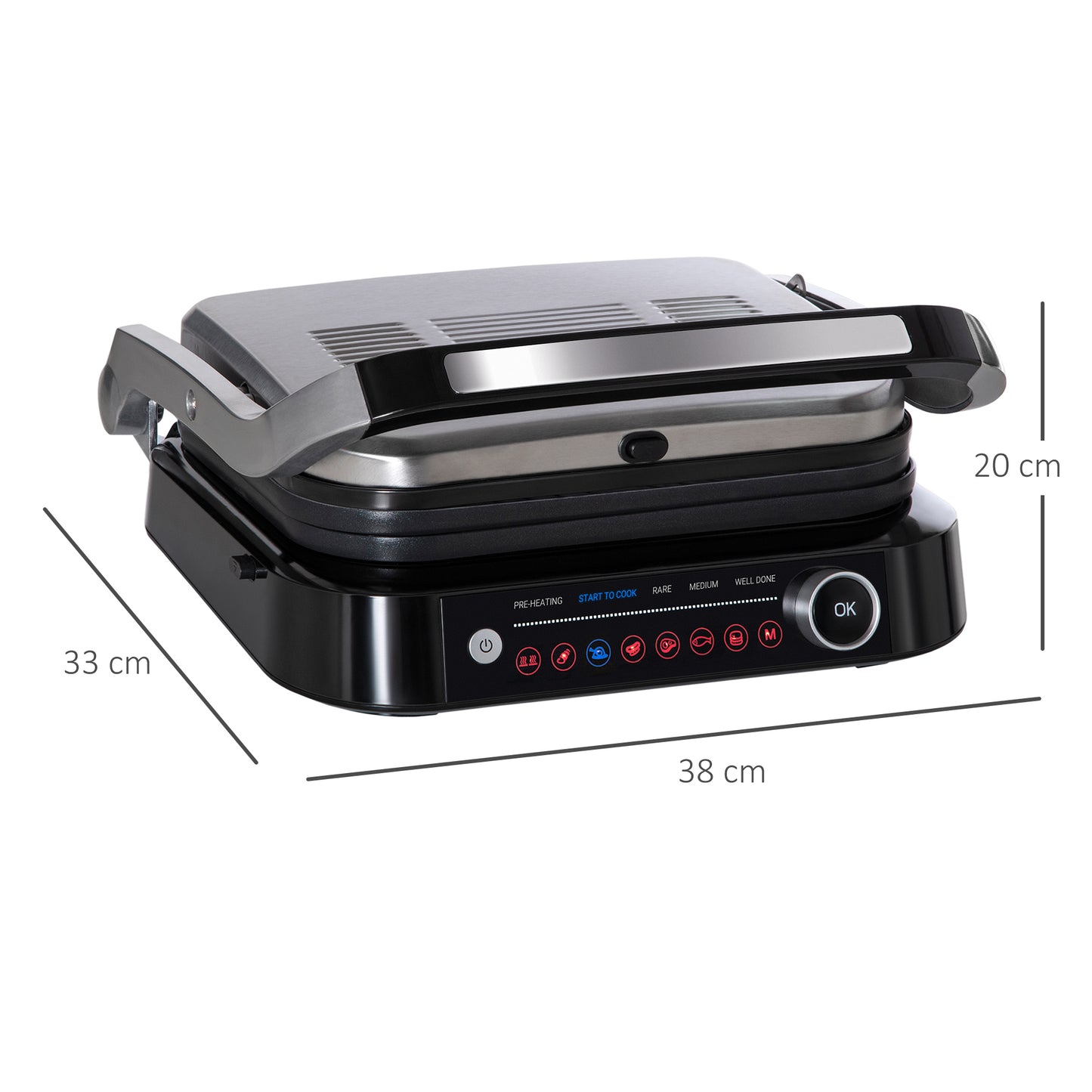 HOMCOM Health Grill & Panini Press, 2100W Electric Non-stick Grill with 180° Flat Open, Drip Tray, Removable Plate, Spatula and 8 Automatic Settings