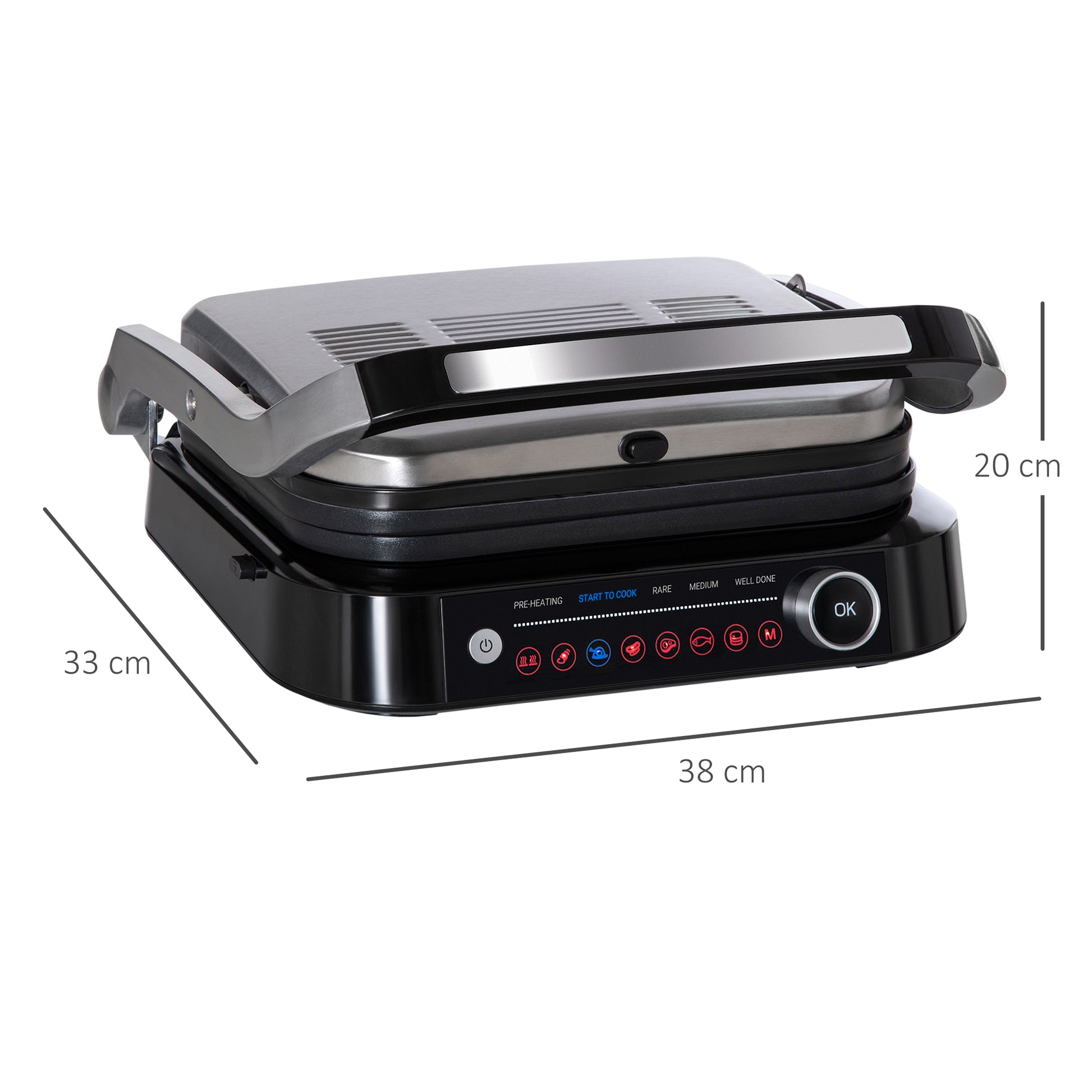 HOMCOM Health Grill & Panini Press, 2100W Electric Non-stick Grill with 180° Flat Open, Drip Tray, Removable Plate, Spatula and 8 Automatic Settings