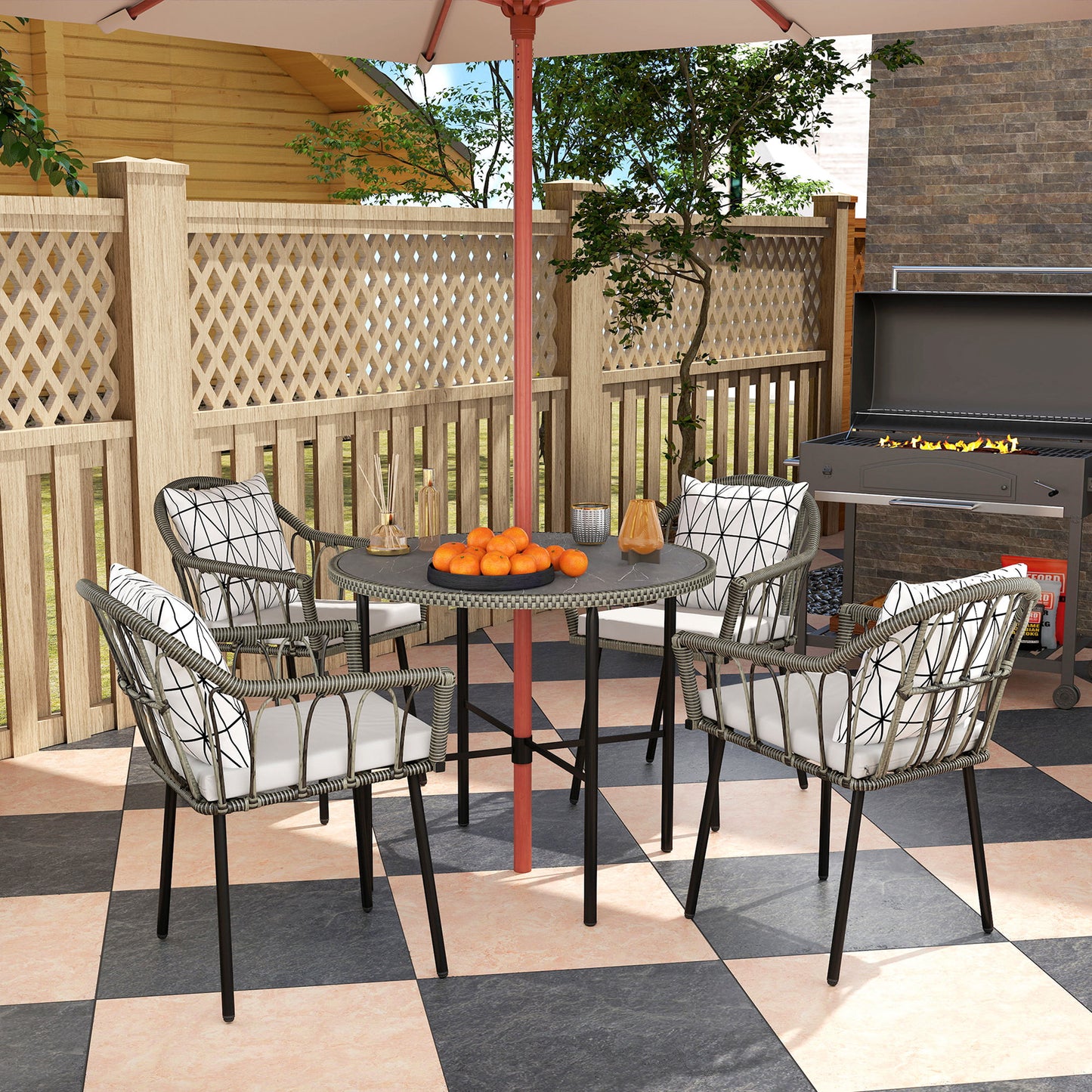Outsunny 5 Piece Patio Rattan Dining Set, Wicker Garden Table and Chairs w/ Removable Seat & Back Cushions, Round Tempered Glass Tabletop, Parasol Hole, Outdoor Furniture Conservatory Set, Grey