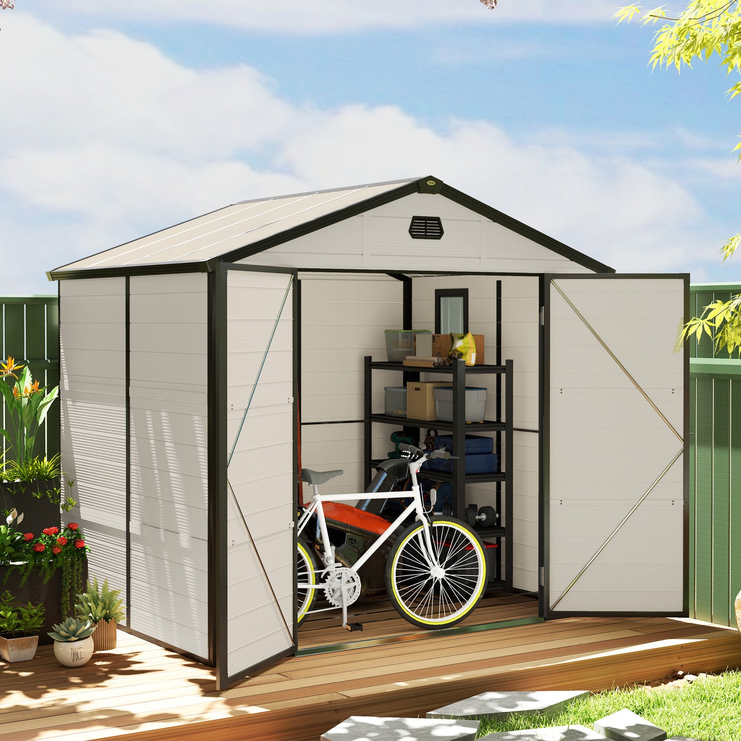 Outsunny 7.9ft x 6.2ft Aluminium Frame and Plastic Wall Shed, with Foundation - Cream White