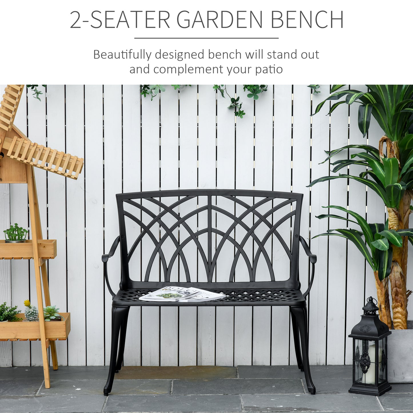 Outsunny 2-Seater Aluminium Garden Bench Loveseat Outdoor Furniture with Decorative Backrest & Ergonomic Armrest for Patio Terrace Porch