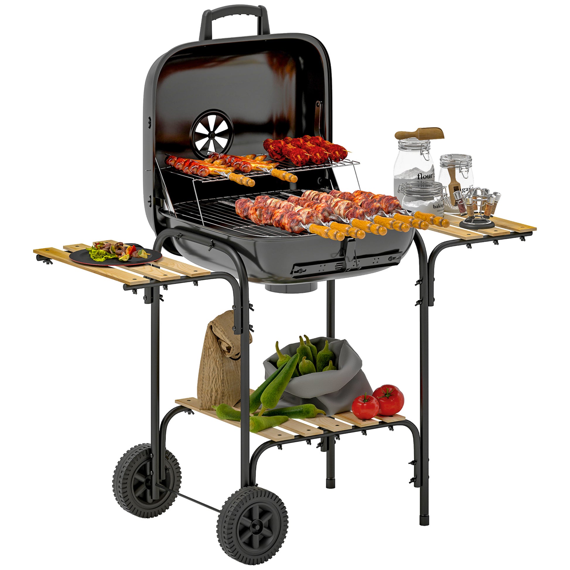 Outsunny Charcoal Barbecue Grill Portable BBQ Grill with 1840 cm² Cooking Area, 3 Shelves, Adjustable Vent, Lockable Lid, Wheels for Outdoor Cooking, Garden Party, Black