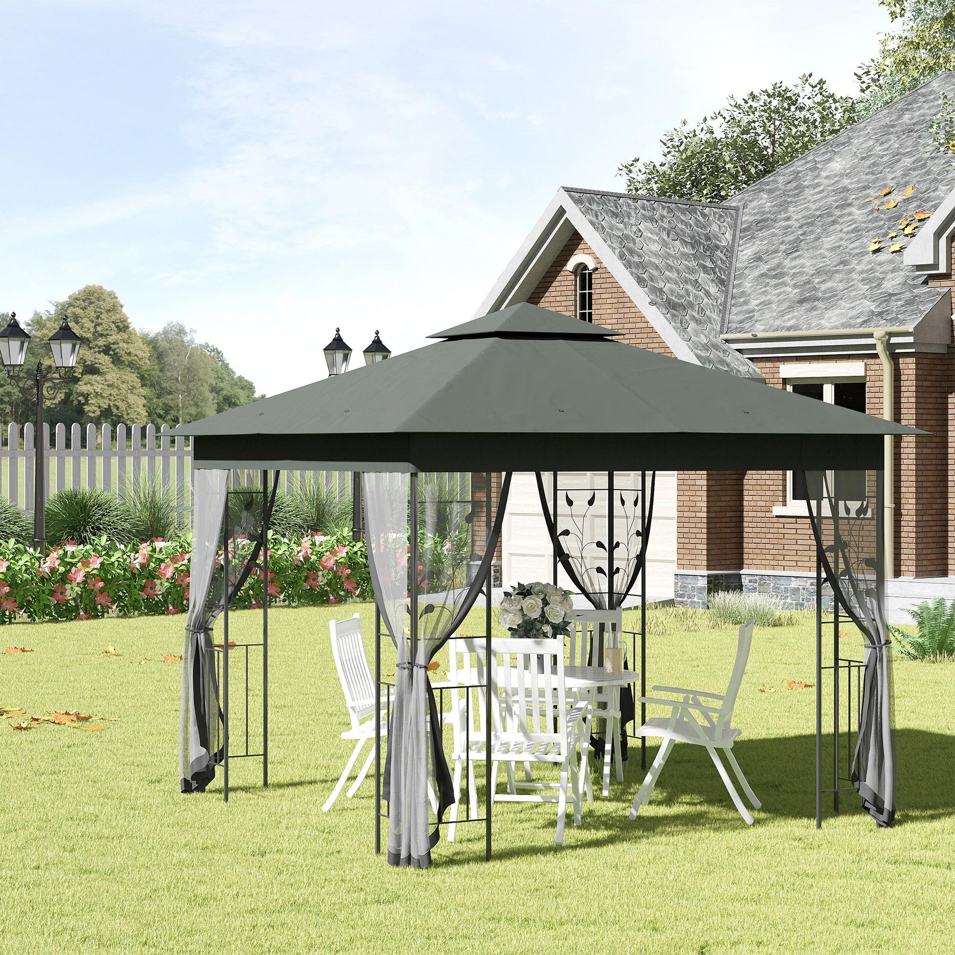 Outsunny 3 x 3(m) Steel Frame Double Roof Garden Gazebo - Grey
