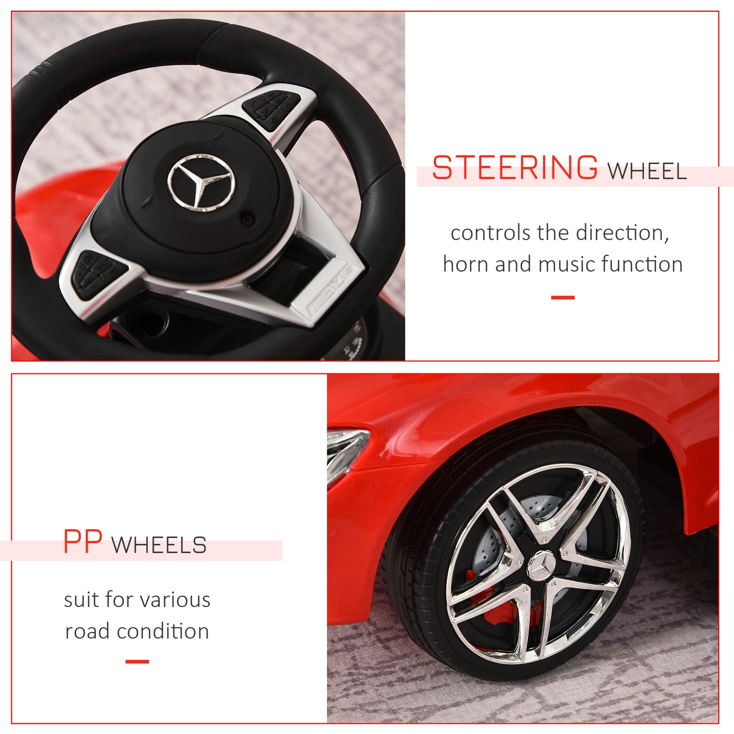 HOMCOM 3 in 1 Ride On Push Along Car Mercedes Benz for Toddlers Stroller Sliding Walking Car with Sun Canopy Horn Safety Bar Cup Holder Ride on Toy