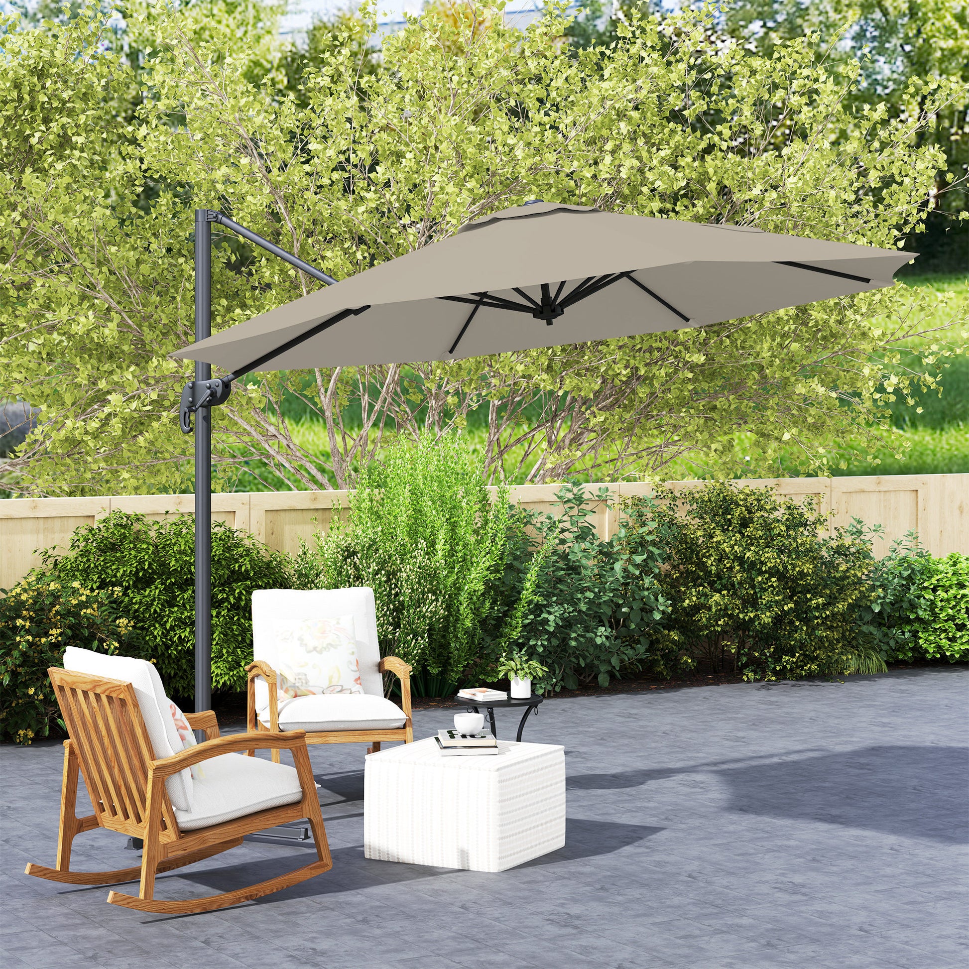 Outsunny 3 x 3(m) Cantilever Parasol with Cross Base, Garden Umbrella with 360° Rotation, Crank Handle and Tilt for Outdoor, Light Grey
