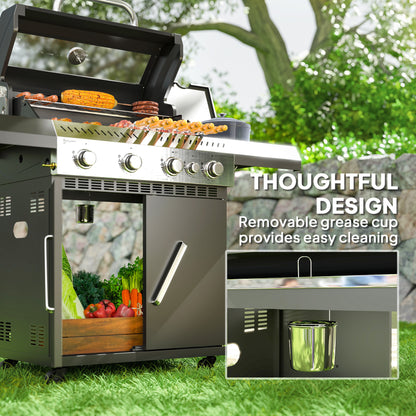 Outsunny 4+1 Burner Gas BBQ Grill with Clear View Lid, Portable Gas Barbecue Grill with Built-in Thermometer, Side Table, Cabinet, Wheels, Grease Tray for Garden Party Outdoor Cooking, Black