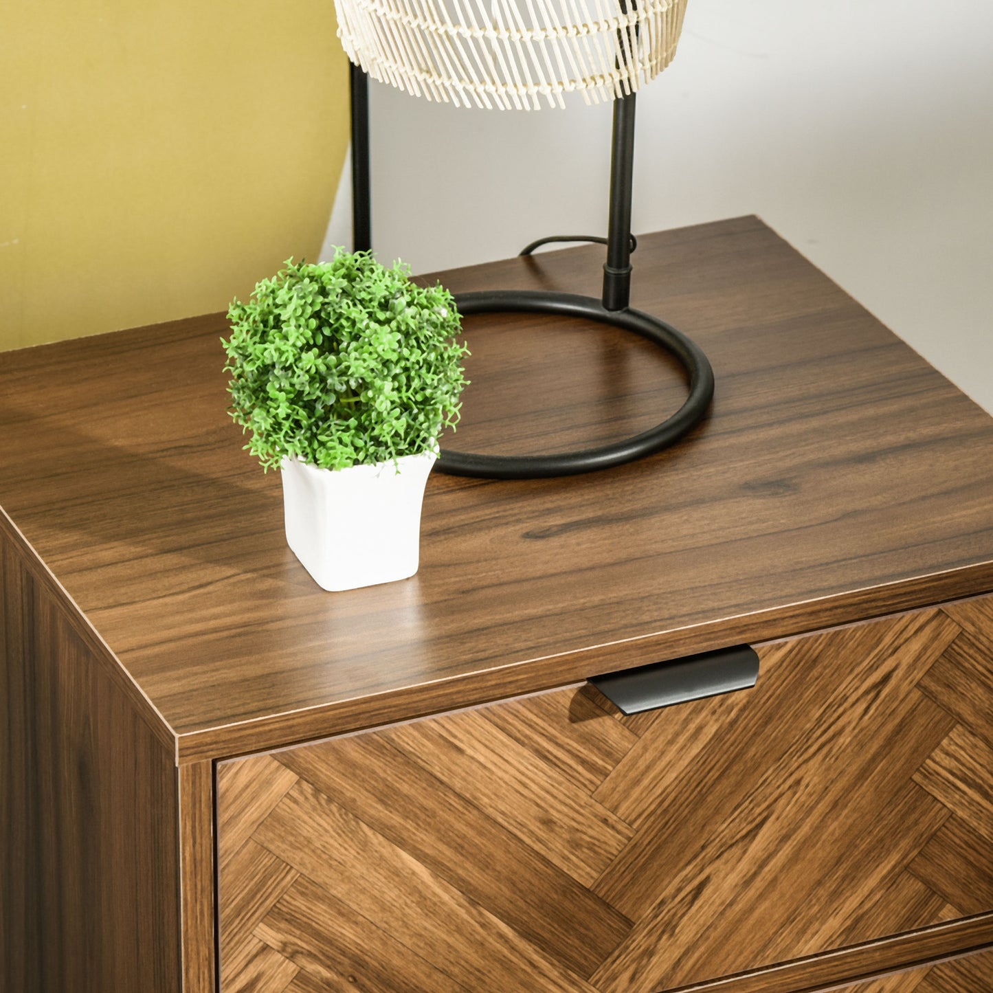 HOMCOM Side Cabinet Home Organizer with 2 Storage Drawer Unit, Hidden Handle for Bedroom, Living Room, Herringbone Pattern, Walnut Brown