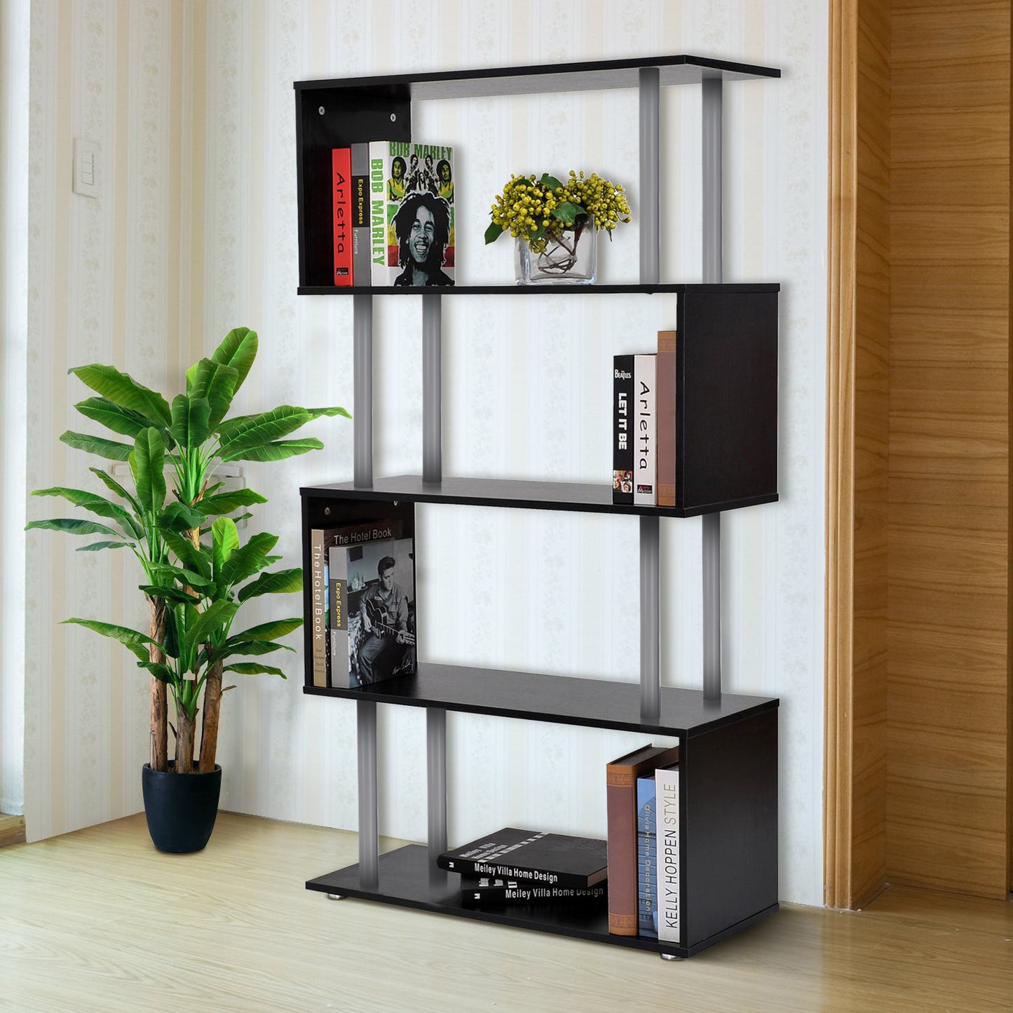 HOMCOM Wooden S Shape Bookcase Bookshelf Dividers Storage Display Unit Black