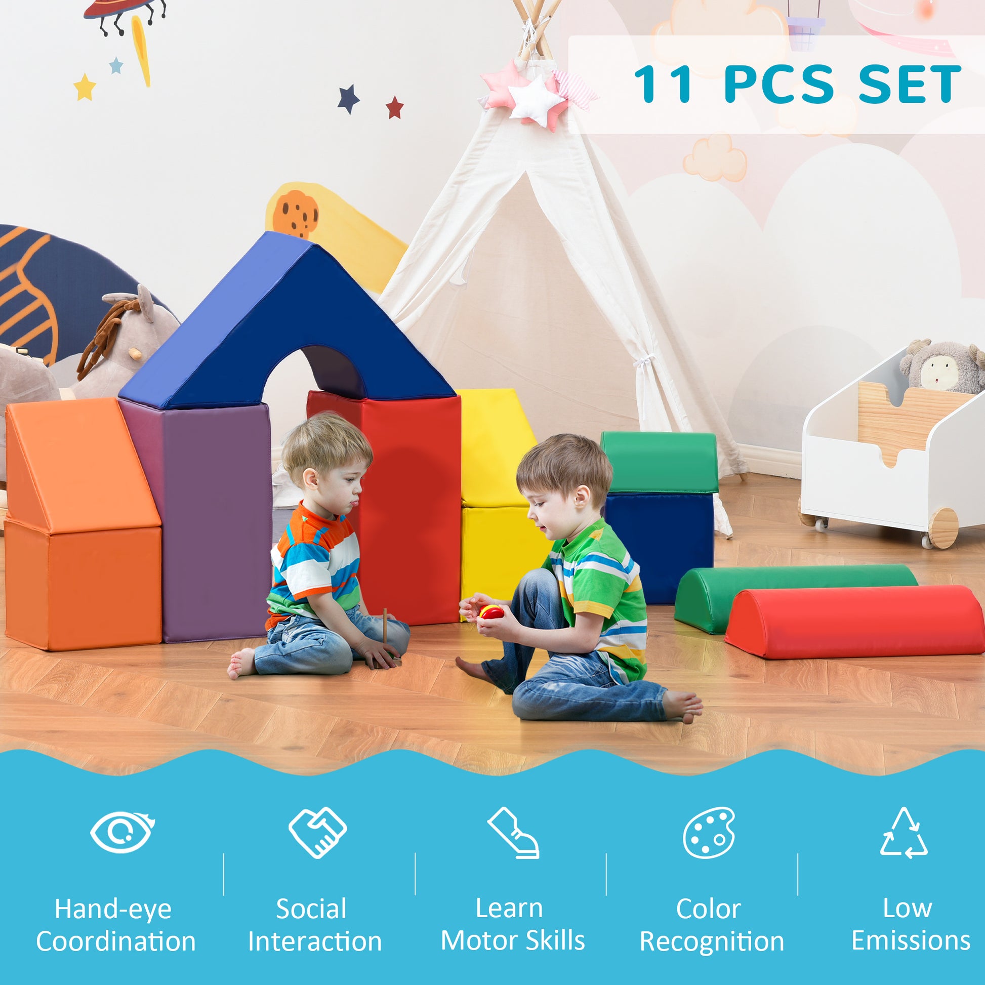HOMCOM 11 Piece Soft Play Blocks Kids Climb and Crawl Gym Toy Foam Building and Stacking Blocks Non-Toxic Learning Play Set Activity Toy Brick