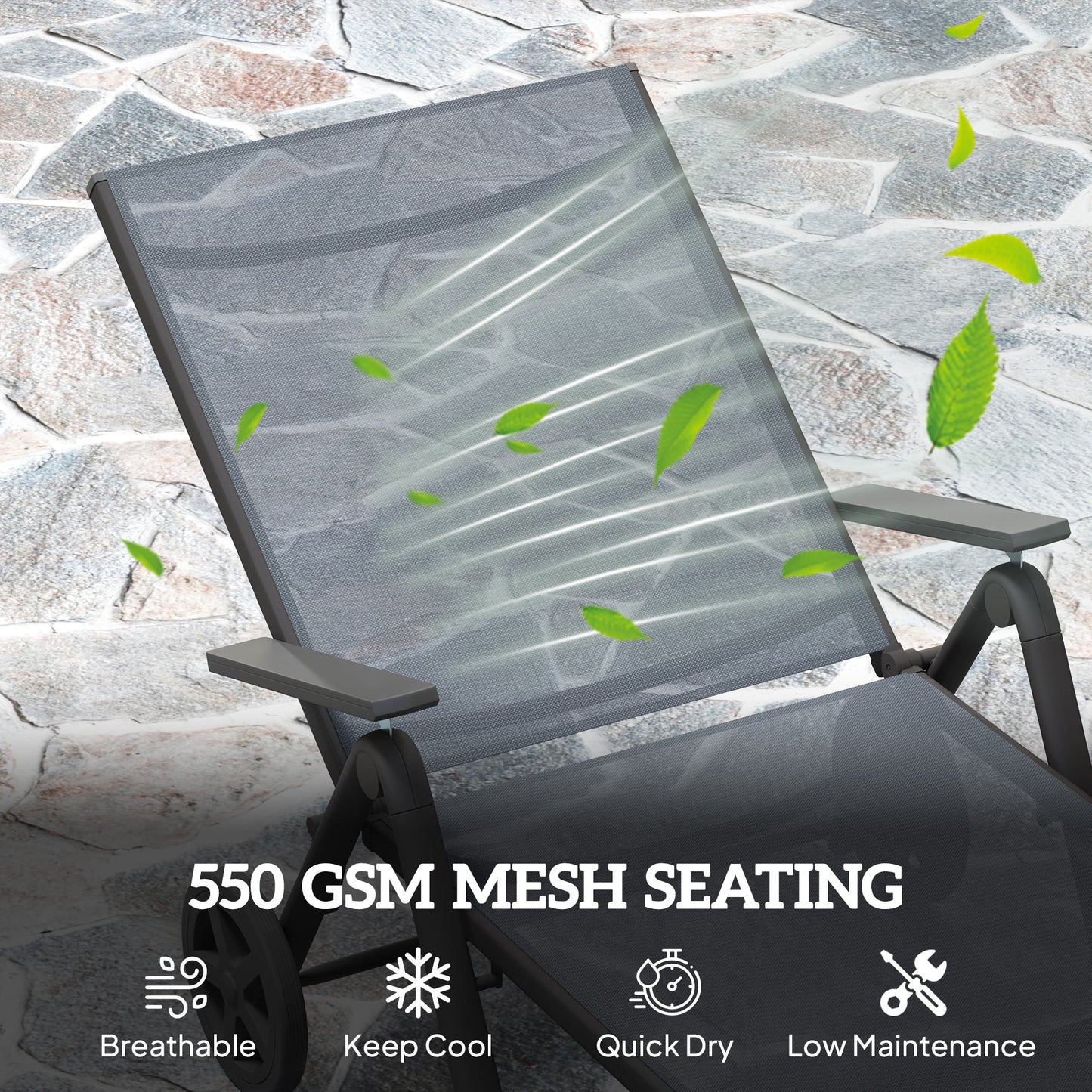 Outsunny Folding Sun Lounger with Wheels, 5-Position Adjustable Garden Chaise Lounge Sunbed with Armrests, Metal Frame Outdoor Portable Reclining Chair for Beach, Porch, Grey