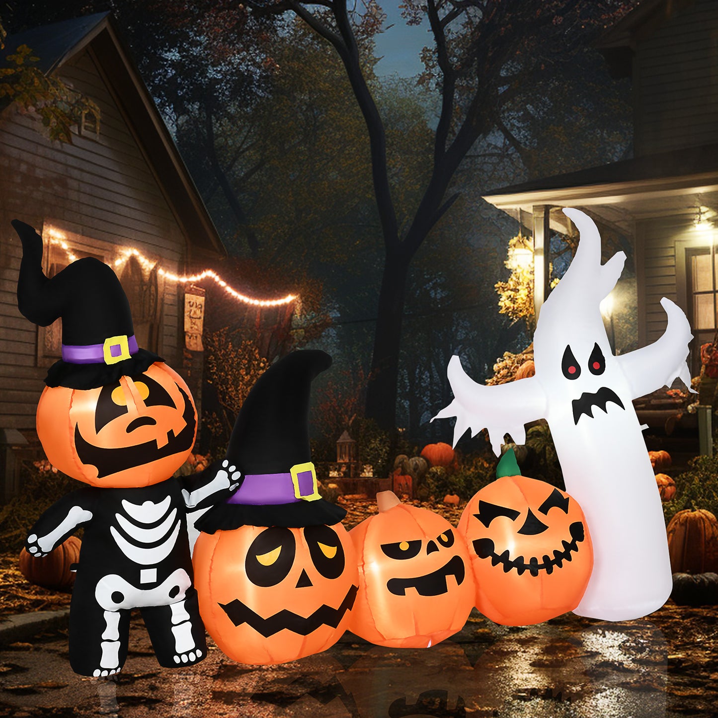HOMCOM Next Day Delivery 8.5ft Inflatable Halloween Skeleton Pumpkin Ghost and White Ghost with Three Pumpkins, Blow-Up Outdoor LED Display