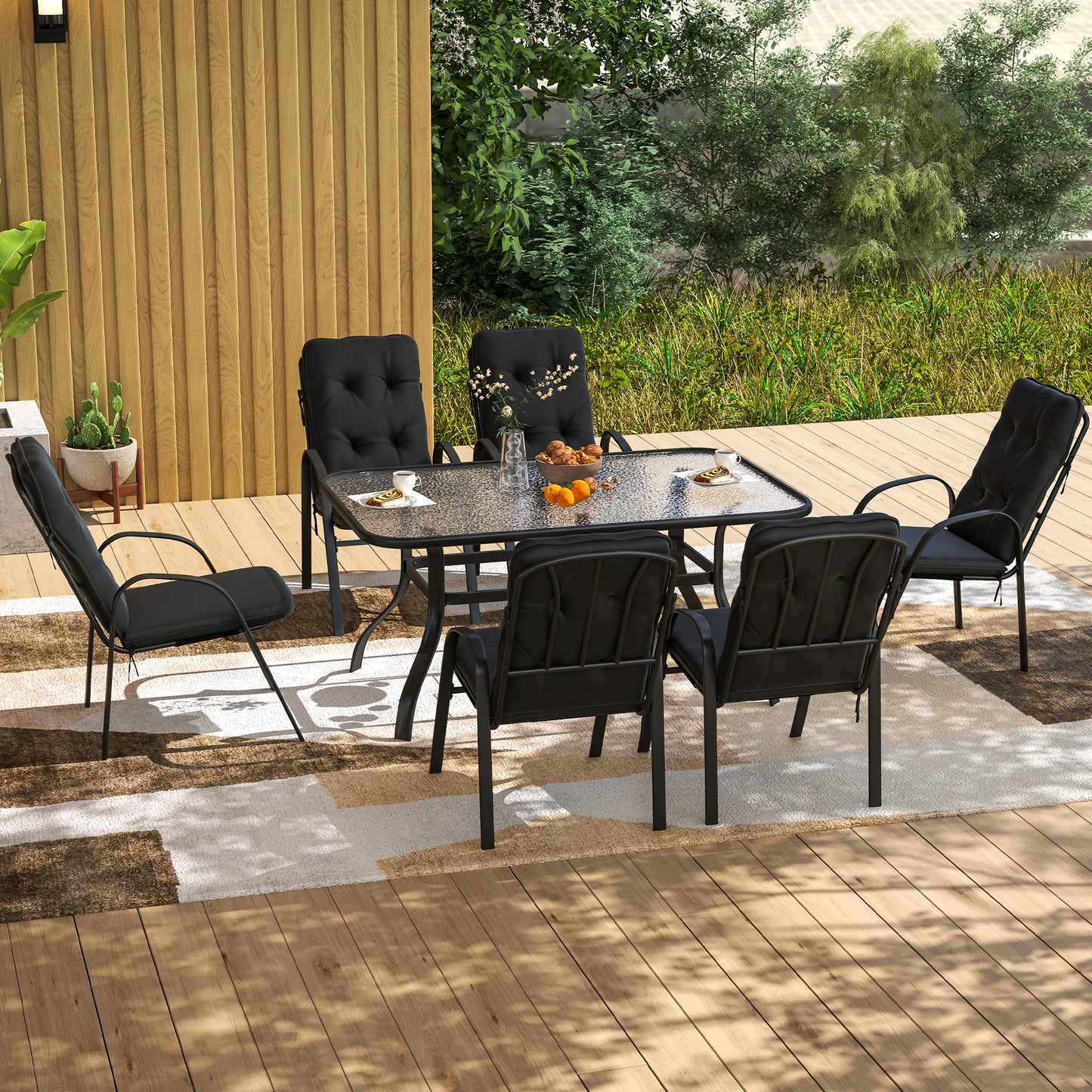 Outsunny Seven-Piece Garden Dining Set with Cushions - Black