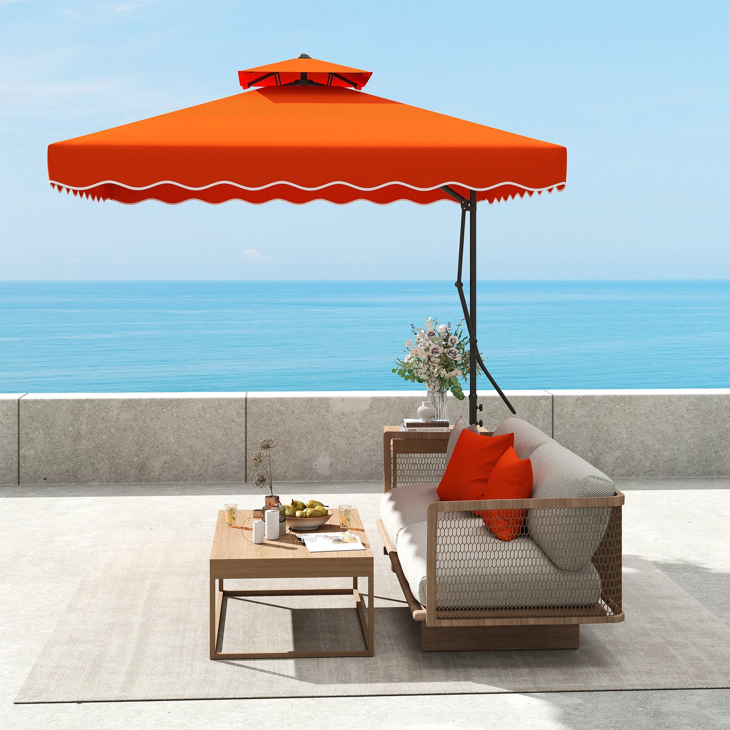 Outsunny 2.5m Cantilever Parasol with Easy Lever, Square Double Top Garden Parasol Umbrella with Ruffles and Cross Base, Overhanging Outdoor Sun Shades, Orange