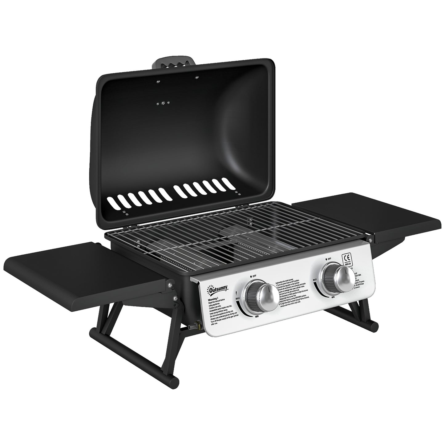 Outsunny 2 Burner Gas BBQ Grill with Foldable Side Tables, Portable Tabletop Gas Barbecue Grill with Built-in Thermometer, Lid, Grease Tray for Garden Party Camping Picnic Outdoor Cooking 5.6KW, Black