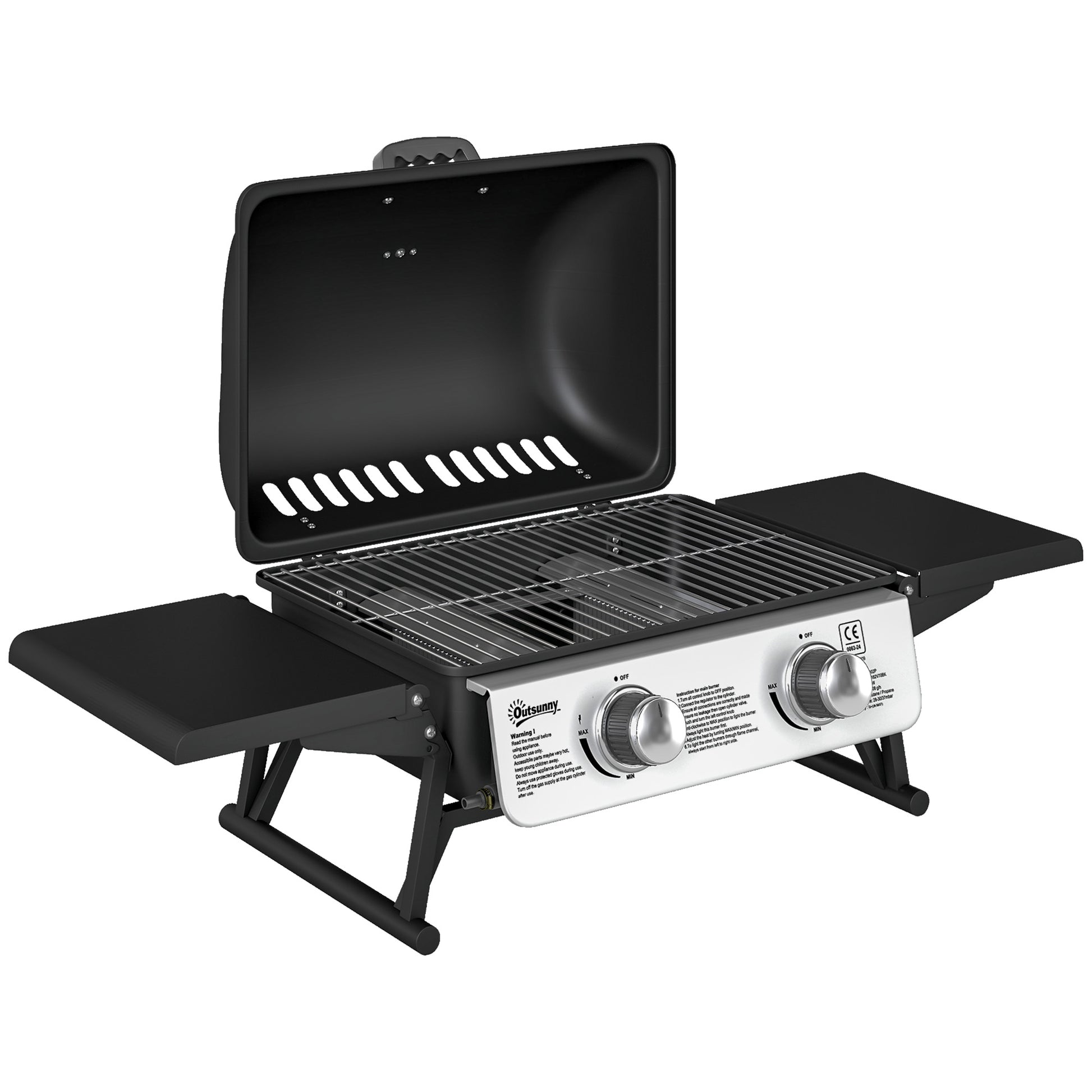 Outsunny 2 Burner Gas BBQ Grill with Foldable Side Tables, Portable Tabletop Gas Barbecue Grill with Built-in Thermometer, Lid, Grease Tray for Garden Party Camping Picnic Outdoor Cooking 5.6KW, Black