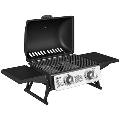 Outsunny 2 Burner Gas BBQ Grill with Foldable Side Tables, Portable Tabletop Gas Barbecue Grill with Built-in Thermometer, Lid, Grease Tray for Garden Party Camping Picnic Outdoor Cooking 5.6KW, Black