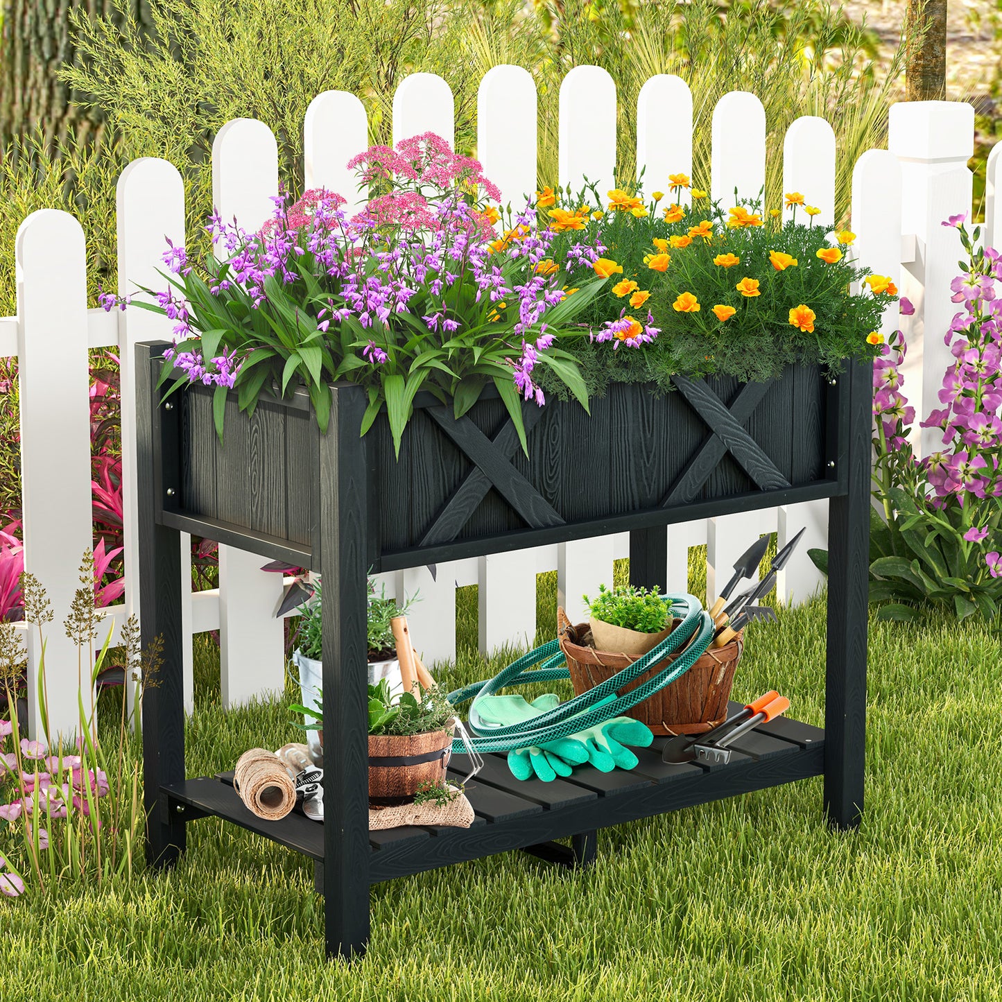 HIPS Raised Garden Bed with Storage Shelf Drainage Holes-Black