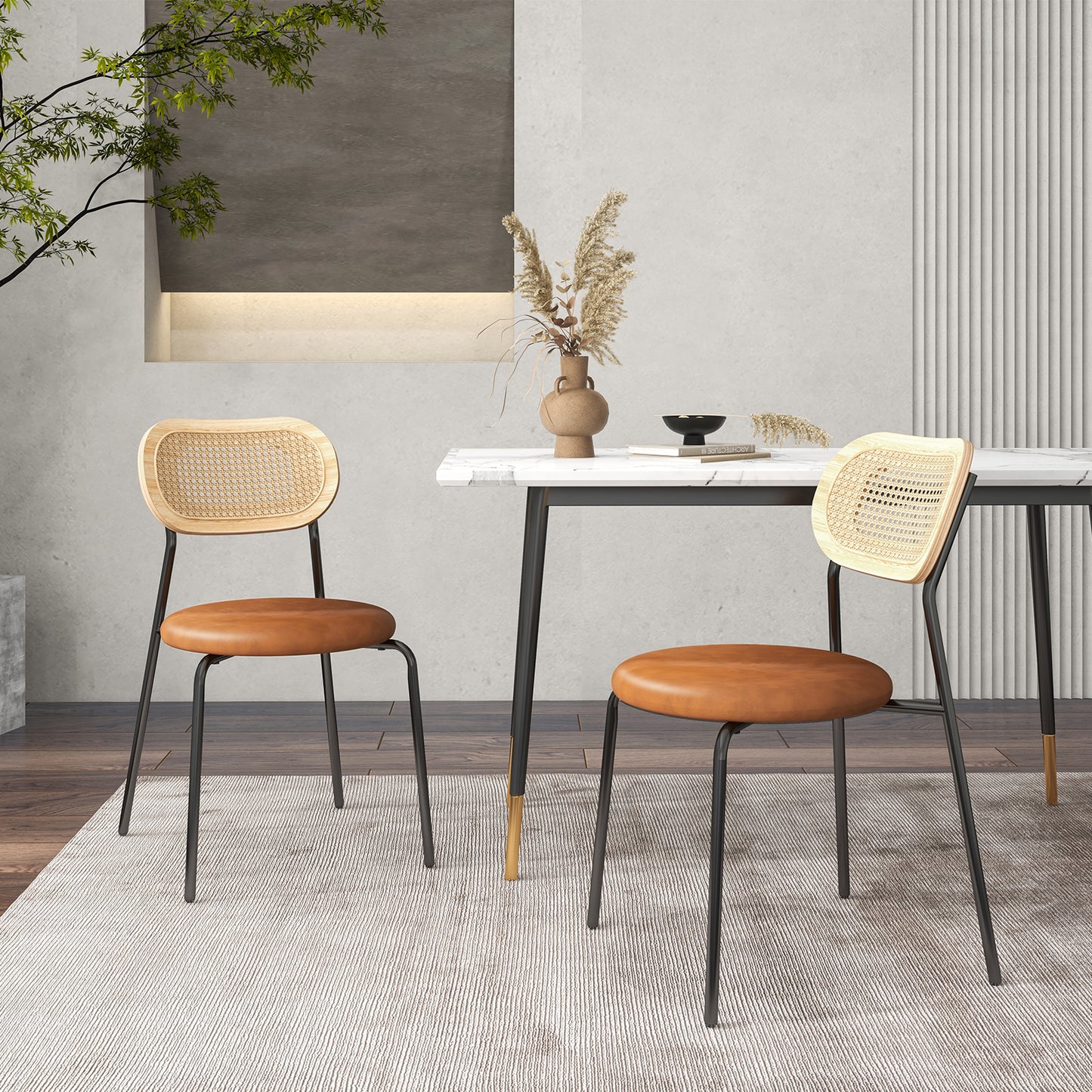 Rattan Dining Chair Set of 2 with Mesh Cane Backrest-Coffee