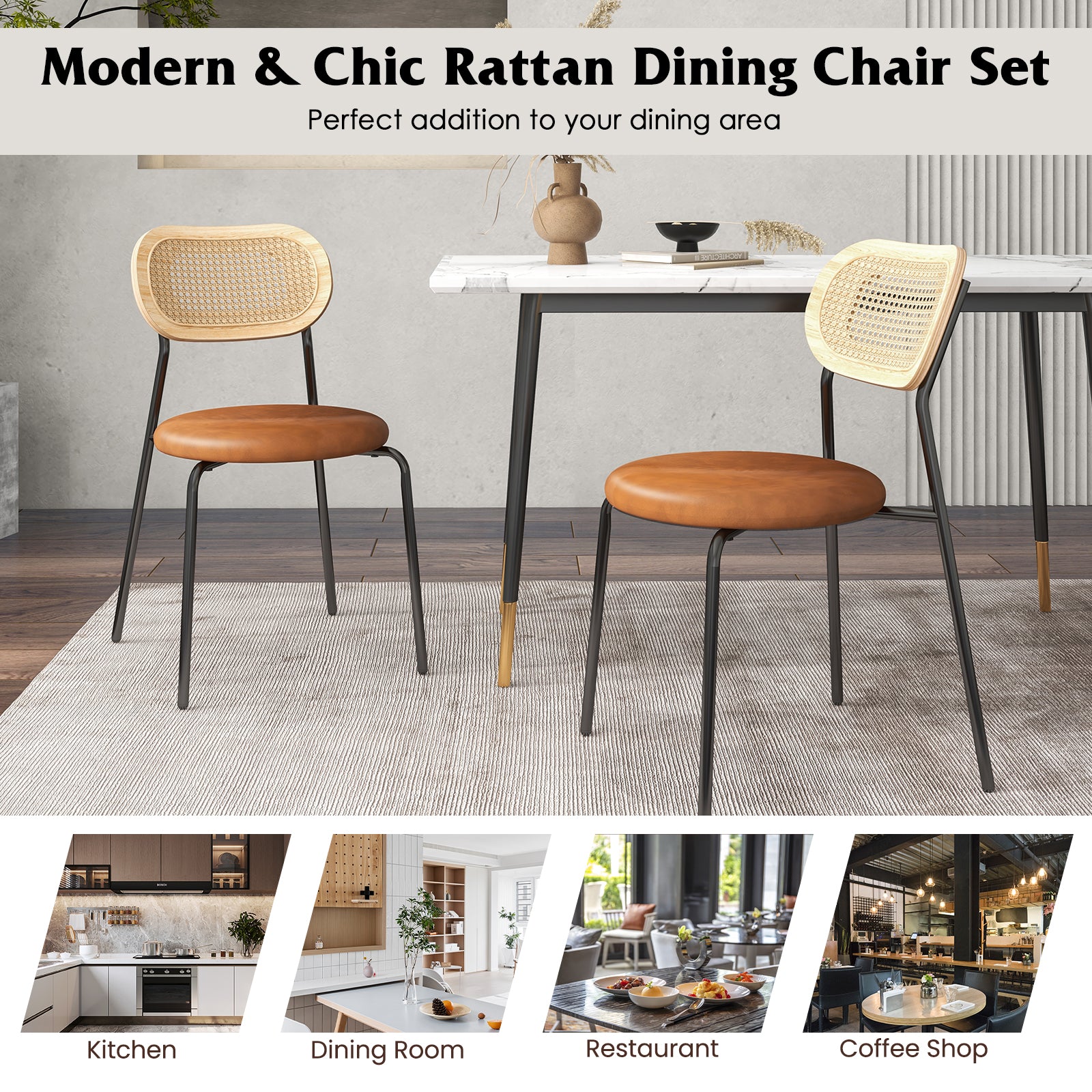 Rattan Dining Chair Set of 2 with Mesh Cane Backrest-Coffee