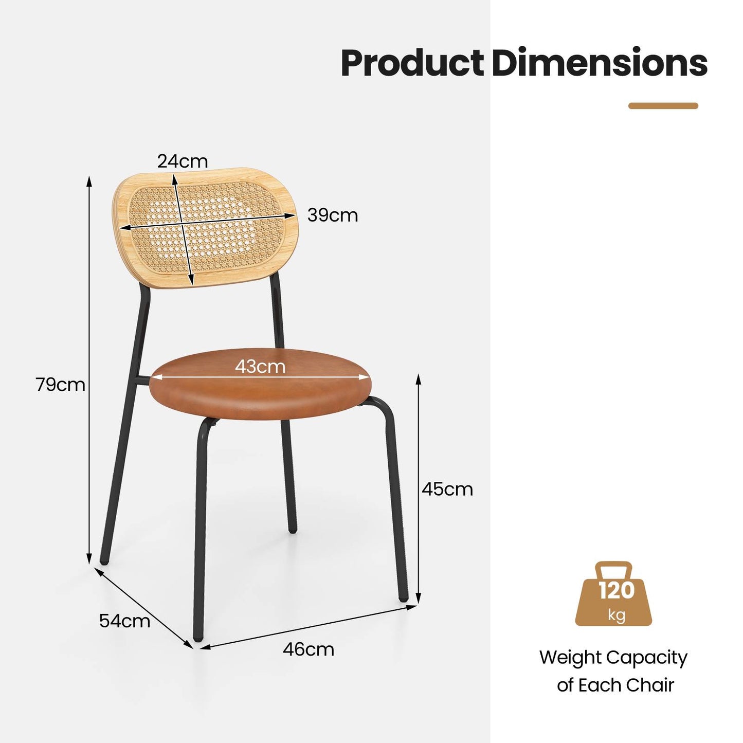 Rattan Dining Chair Set of 2 with Mesh Cane Backrest-Coffee