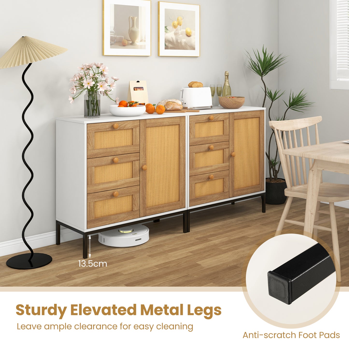 Rattan Sideboard Buffet Cabinet with 1 Door and 3 Drawers-White